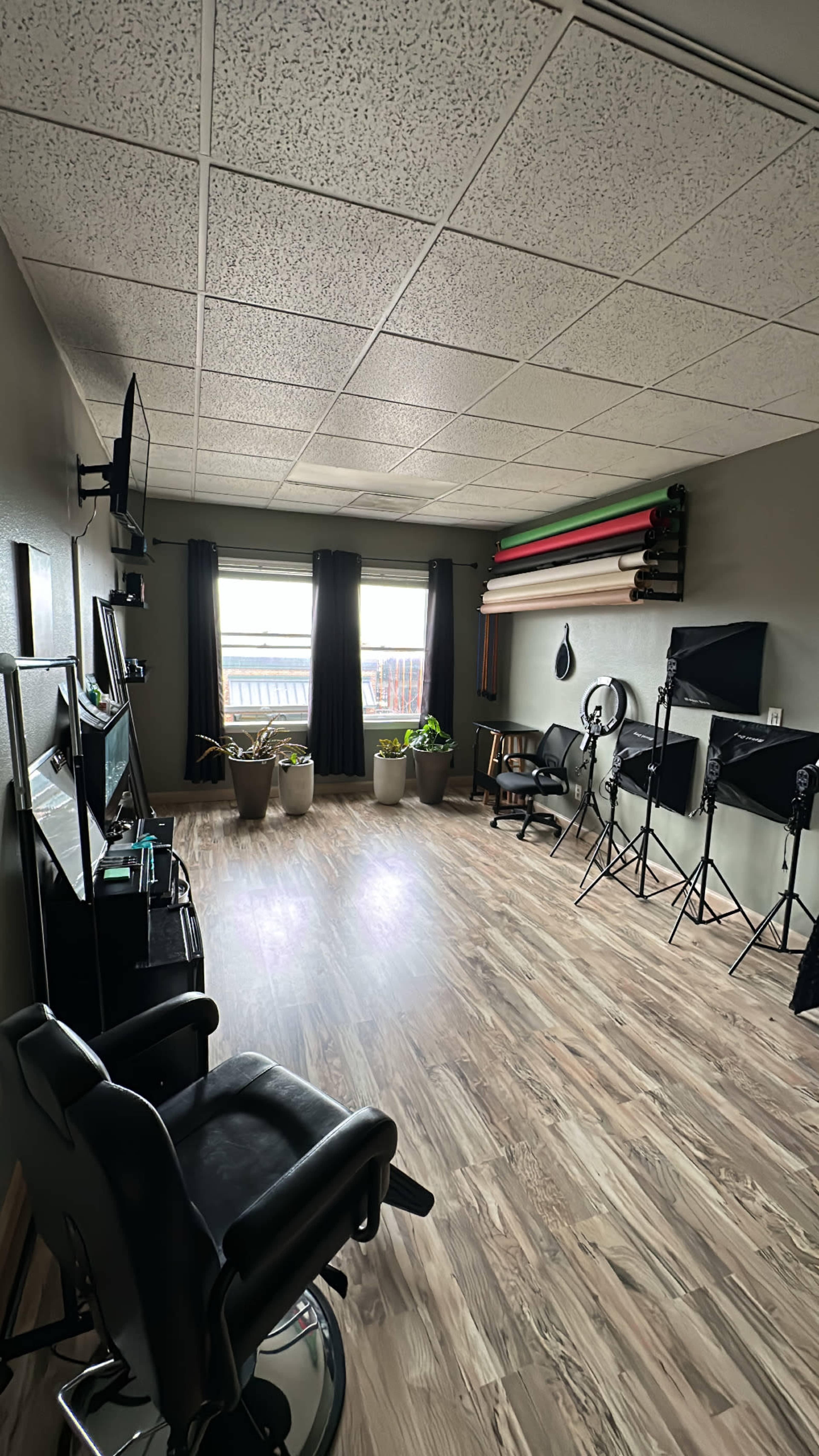 The image shows a spacious studio with wooden flooring, two large windows, several potted plants, and equipment for photography or videography, including light stands and colorful backdrops mounted on the wall.