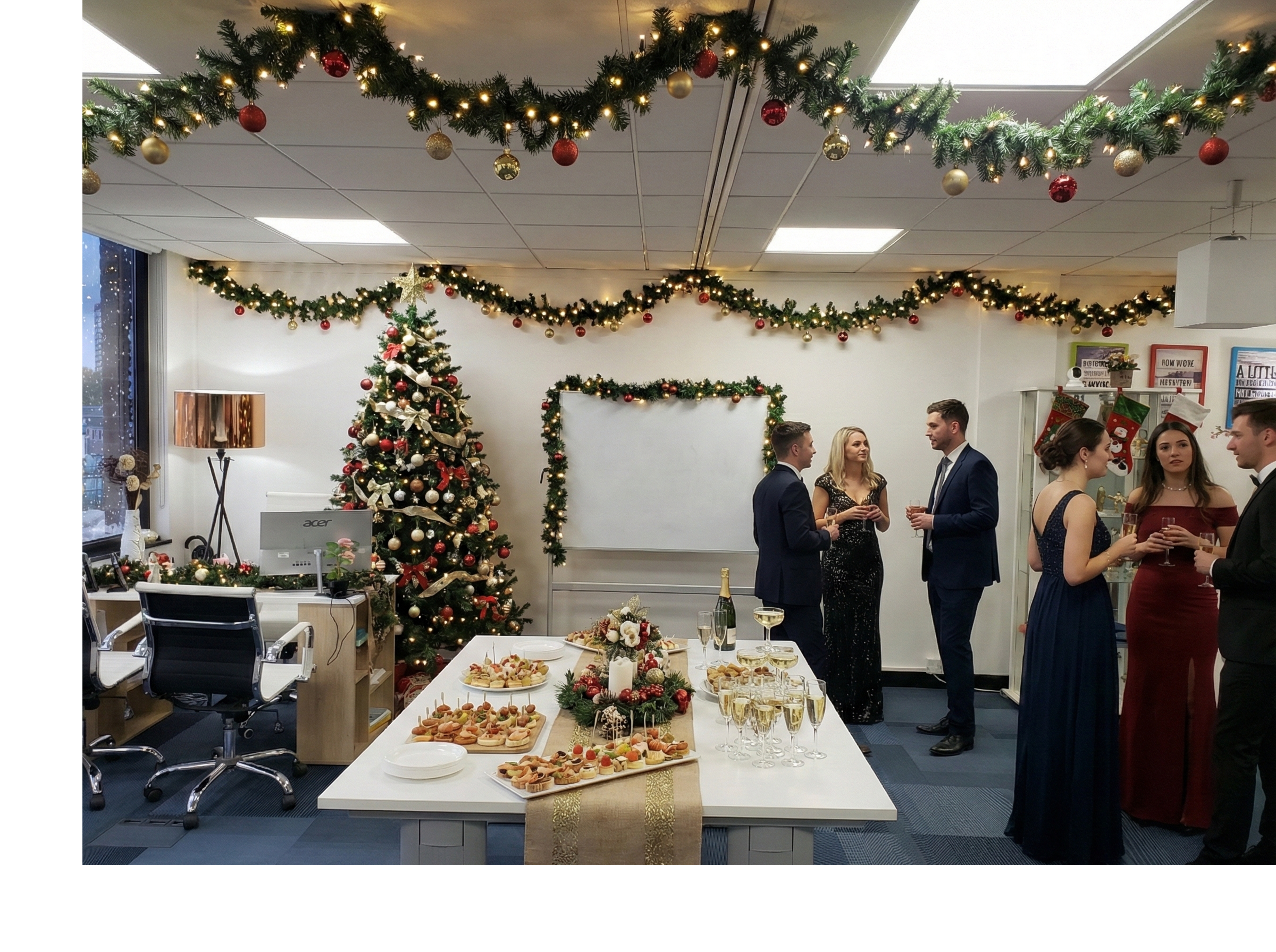 A decorated office party features a Christmas tree, festive garlands, and a buffet table with appetizers, while attendees in formal attire converse.