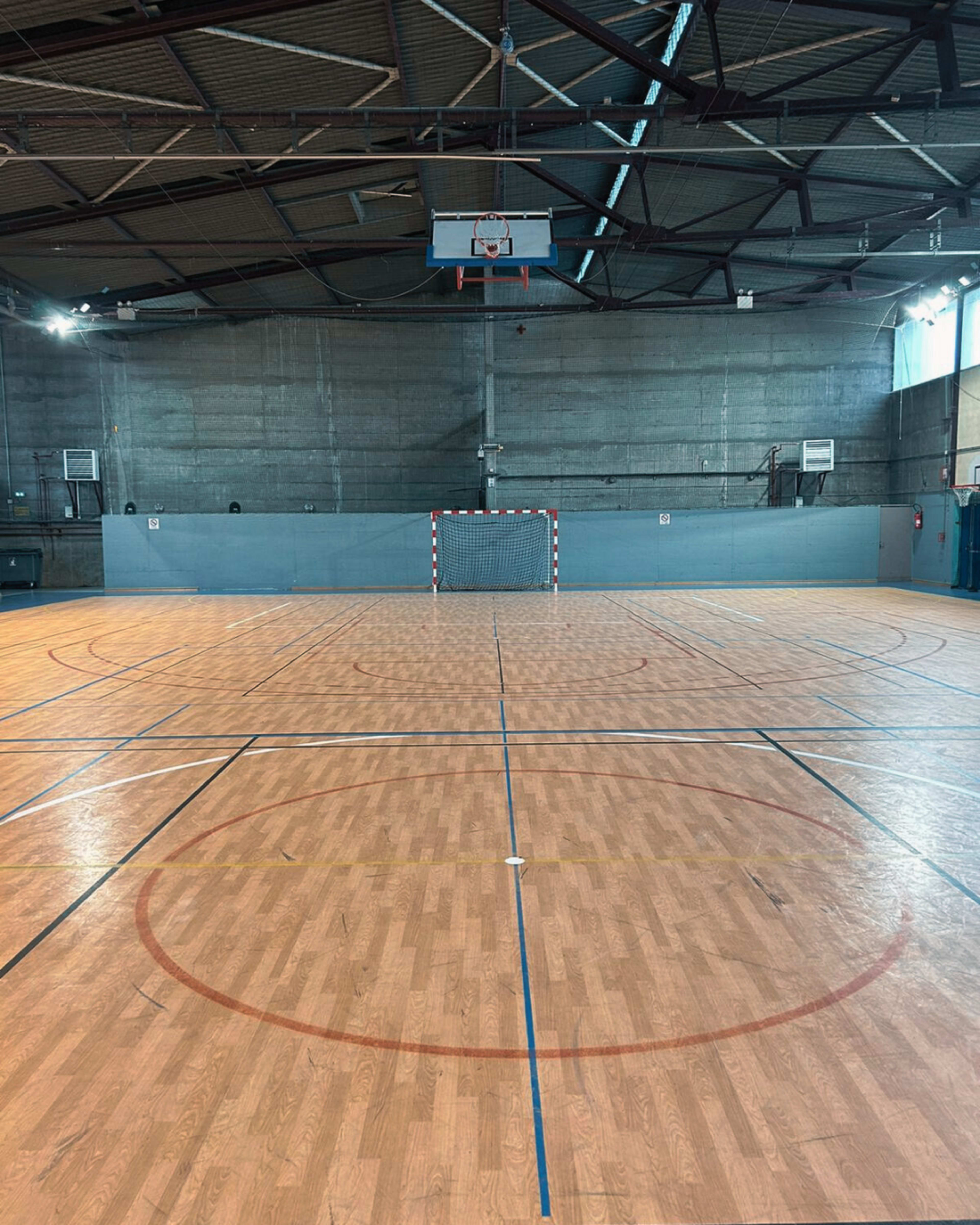 An indoor sports hall featuring a wooden floor with marked circles and a basketball hoop at one end, along with a goal for handball or futsal.