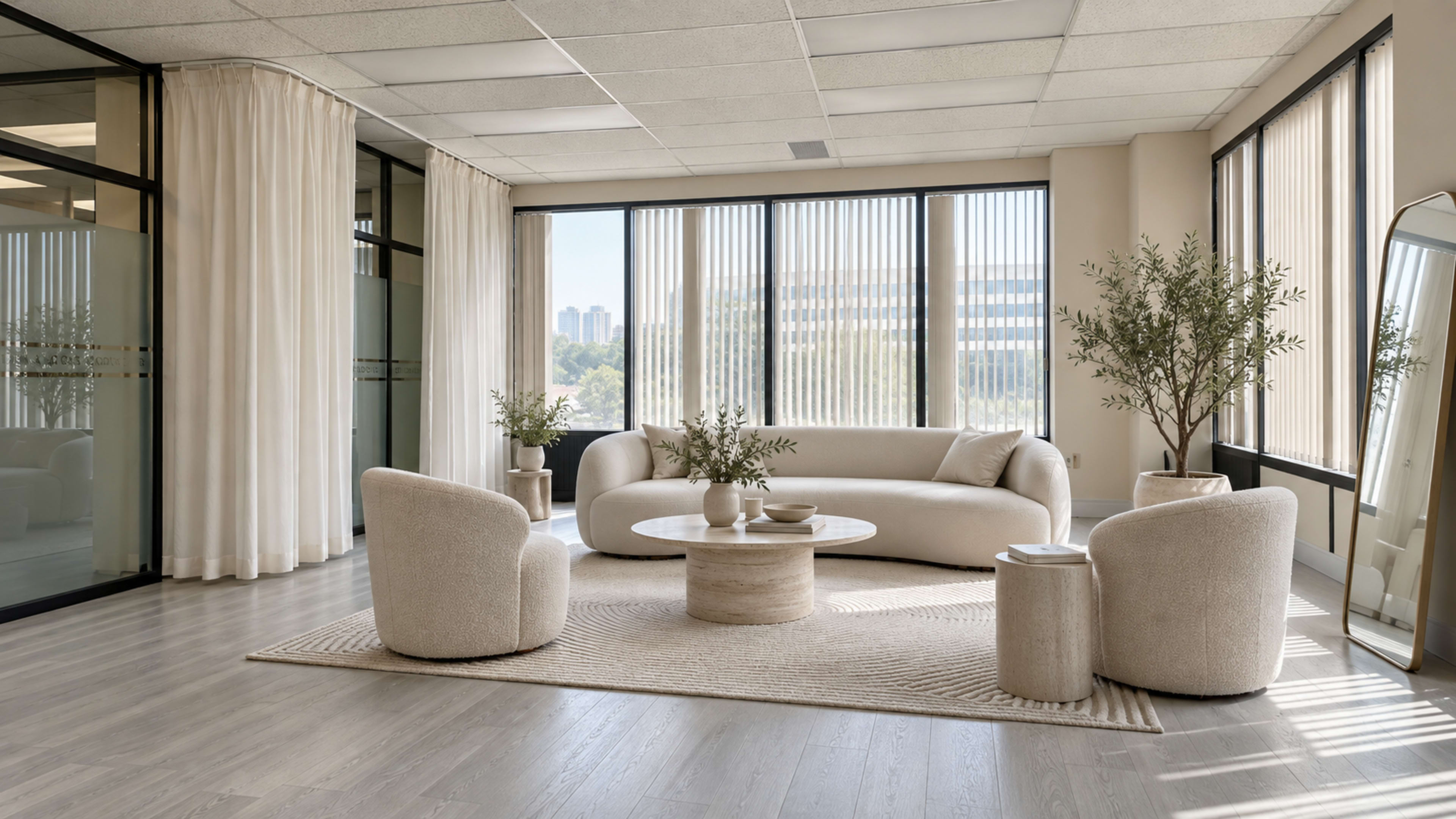 The scene features a modern, minimalist lounge area with a curved sofa, two armchairs, a round coffee table, and large windows allowing natural light to fill the space.