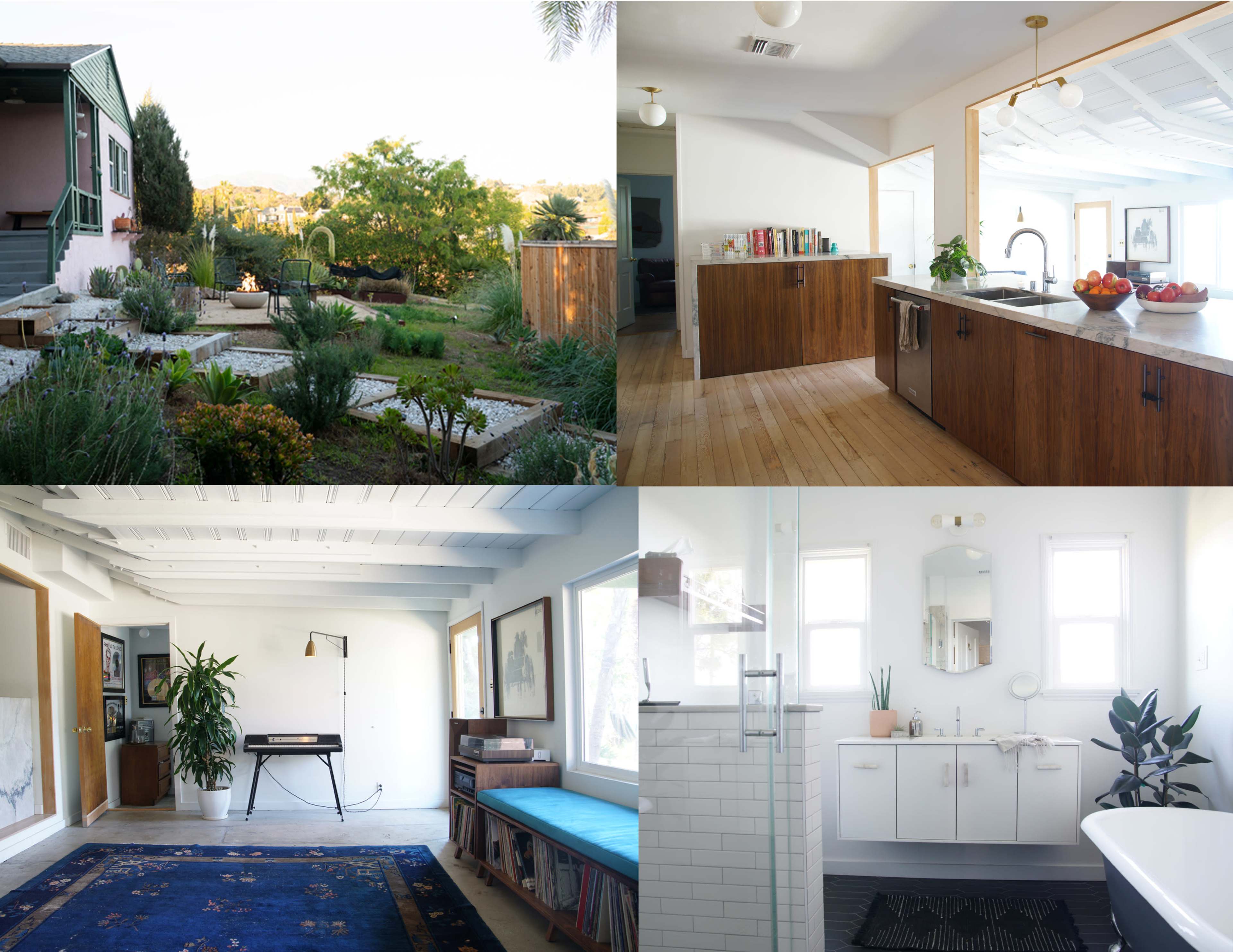 The image features a collage of four spaces: a garden view with greenery, a modern kitchen with wooden cabinets, a bright interior room with a piano, and a clean bathroom with a double vanity.