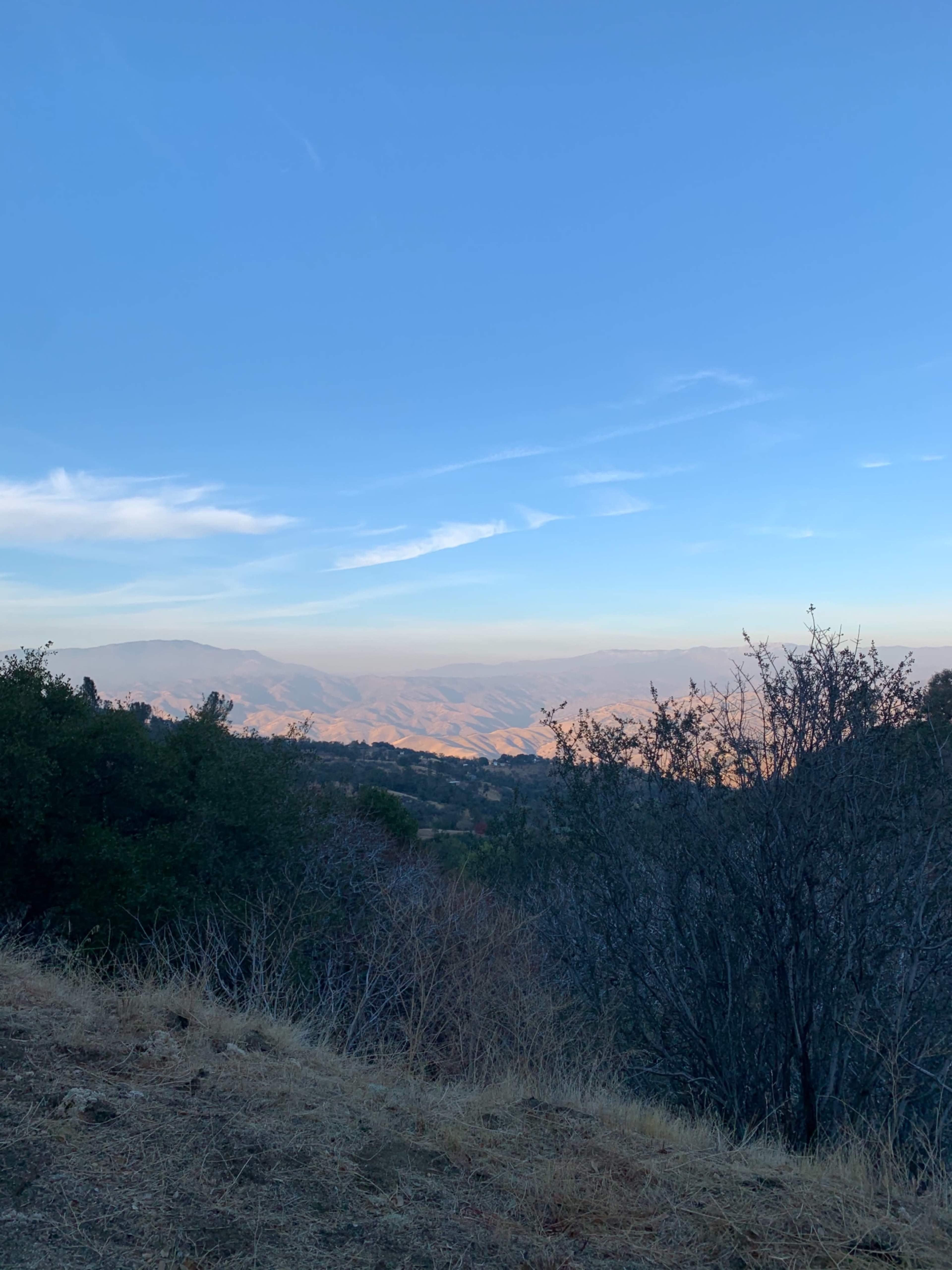 A landscape view of mountains under a clear blue sky, with sparse vegetation in the foreground.