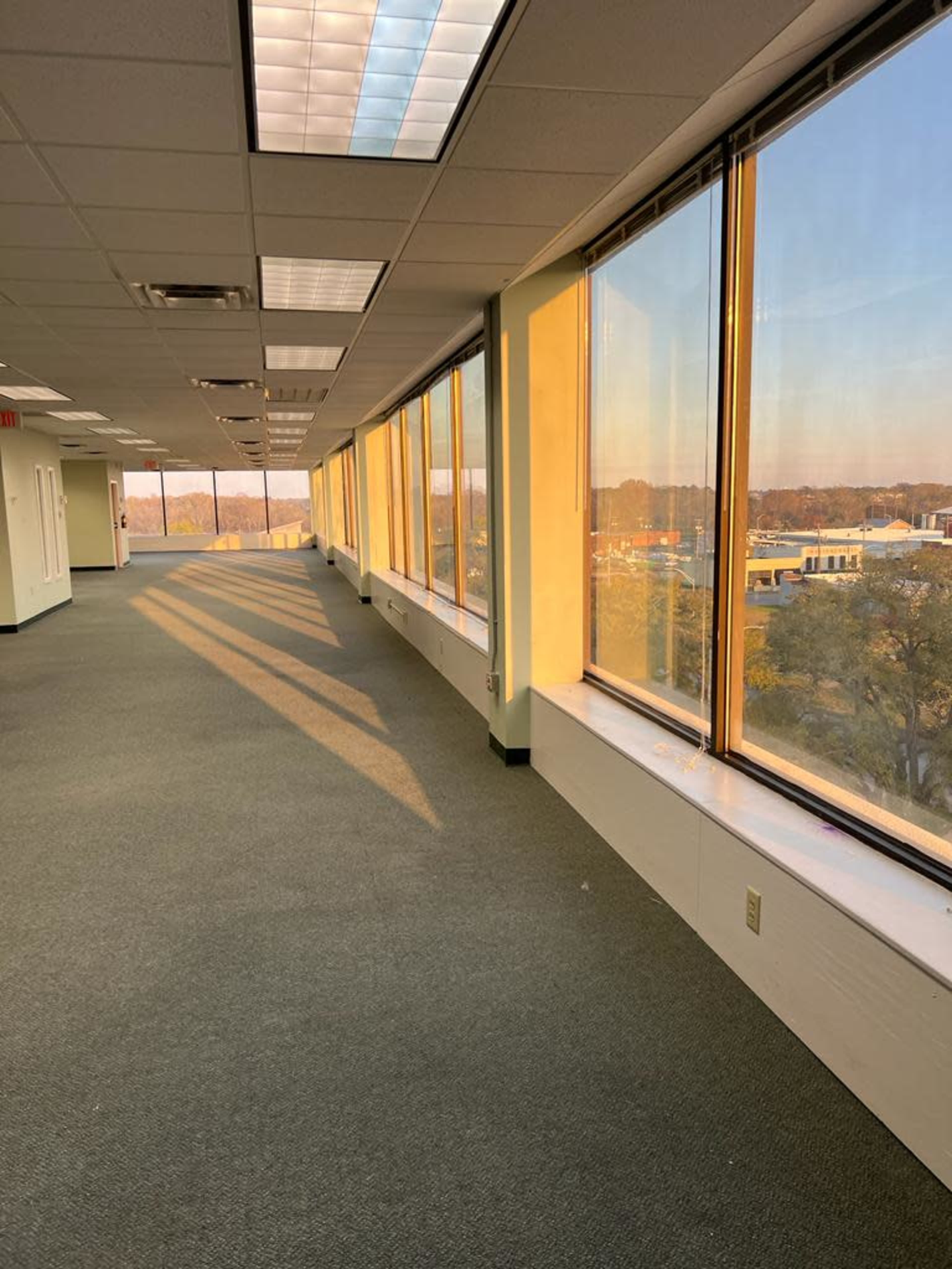 The image shows a long hallway with large windows letting in natural light, lined by green carpet and white walls.