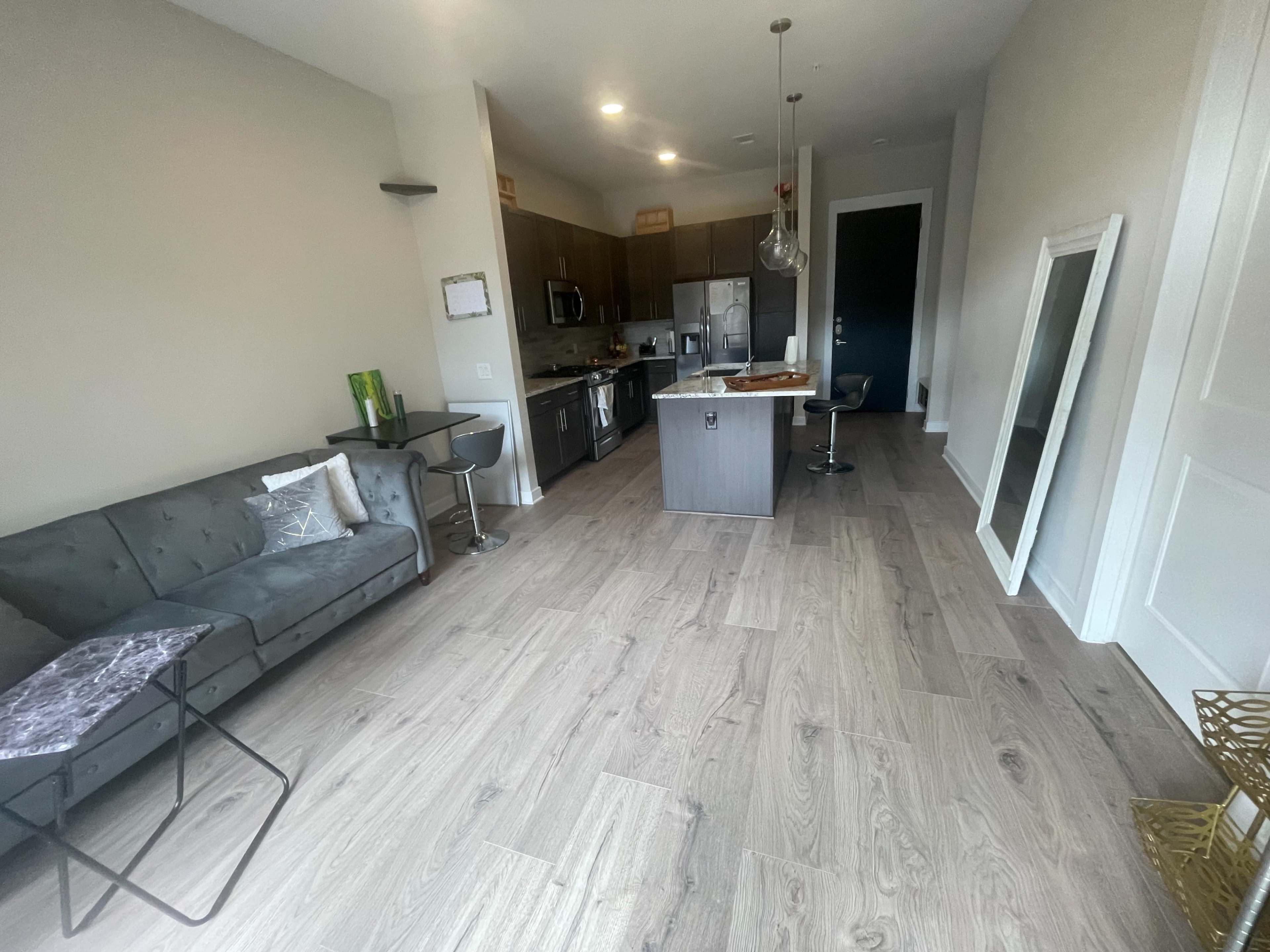 The image shows a compact modern living space featuring a kitchen with dark cabinets and a small seating area with a couch and side table.