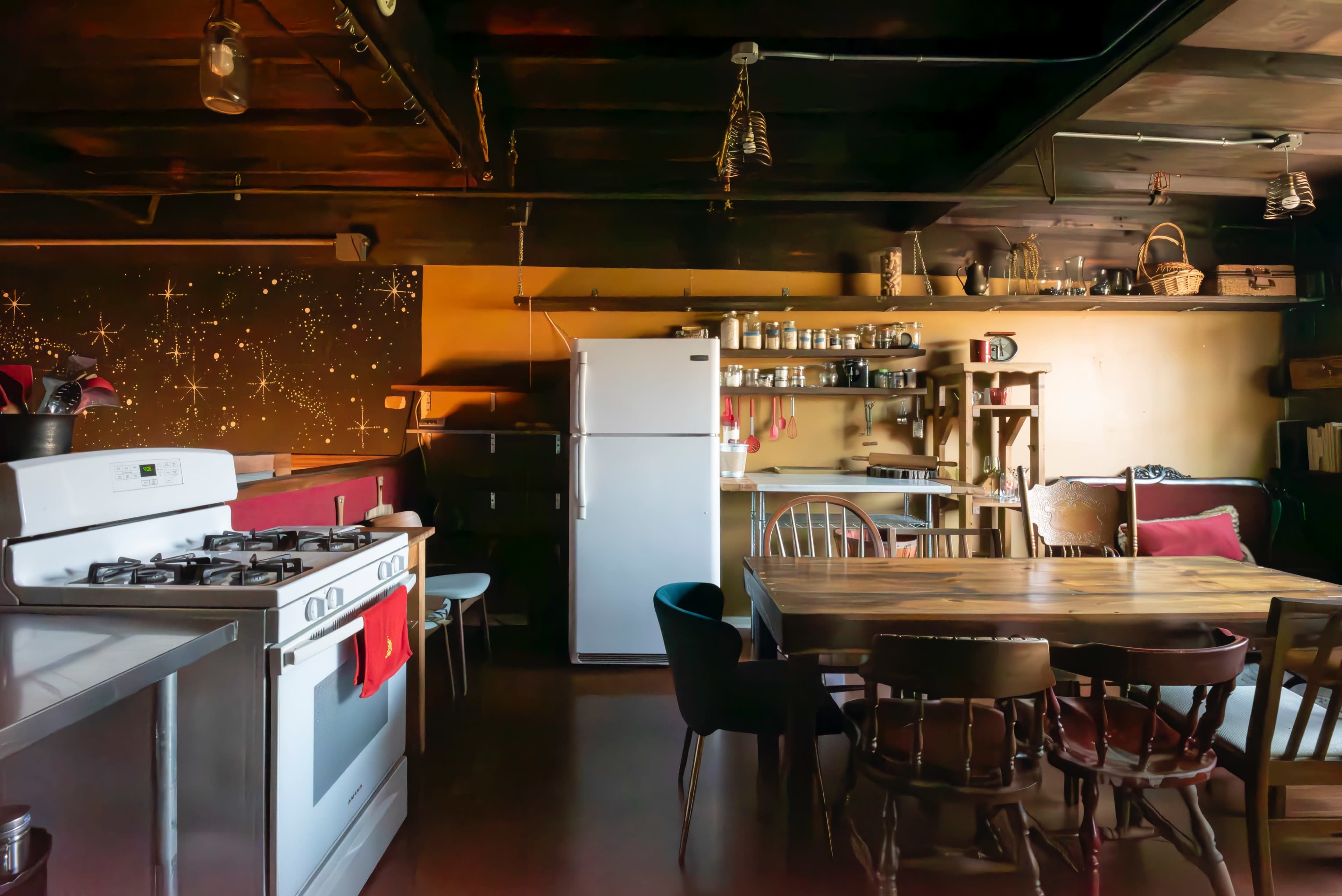 A modern kitchen with a stainless steel stove, a white refrigerator, and a wooden dining table surrounded by various chairs, against a backdrop of painted walls and shelves filled with kitchenware.
