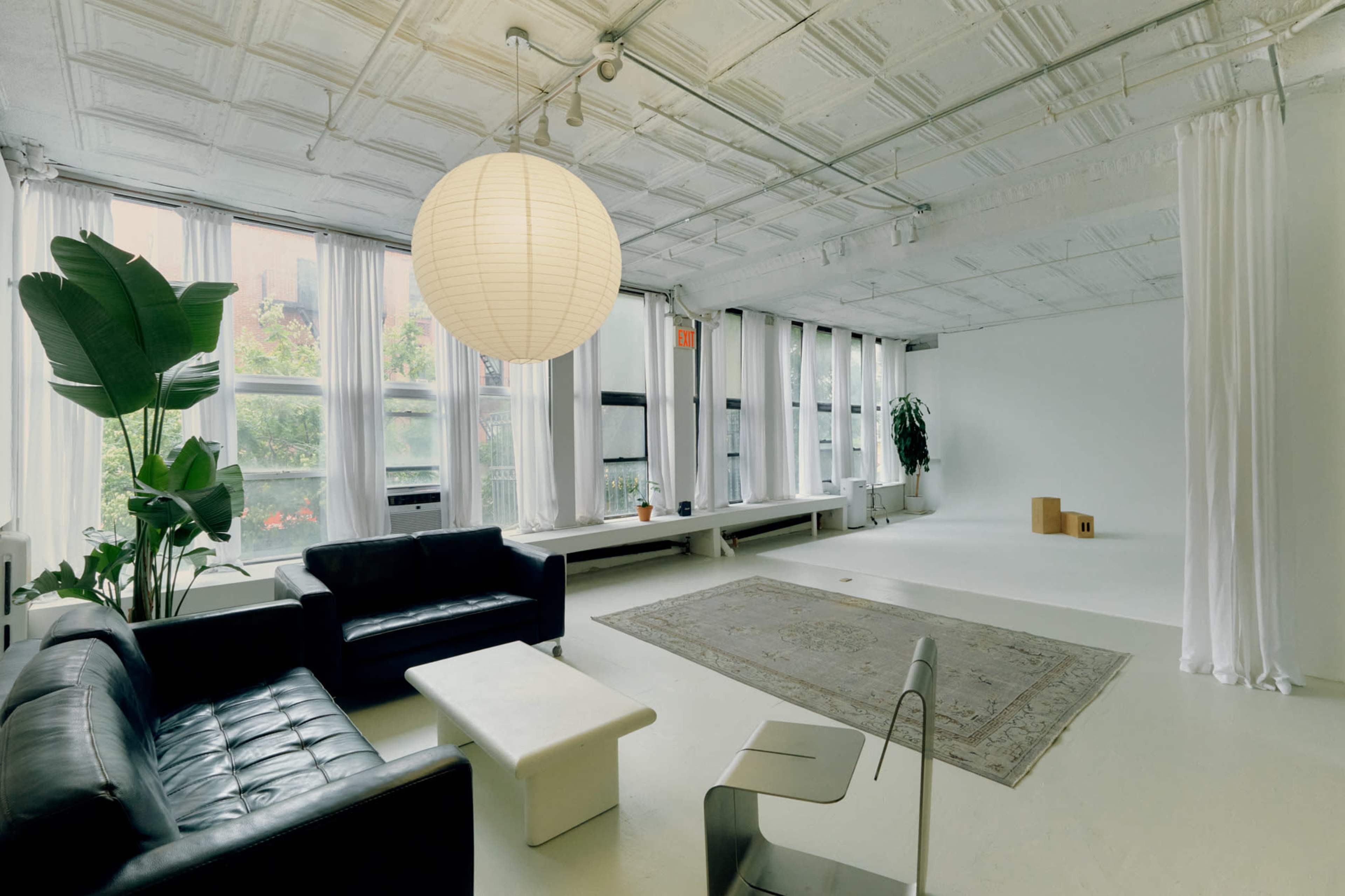 The image depicts a spacious, well-lit room with large windows, featuring black leather sofas, a white coffee table, a patterned rug, and green plants.