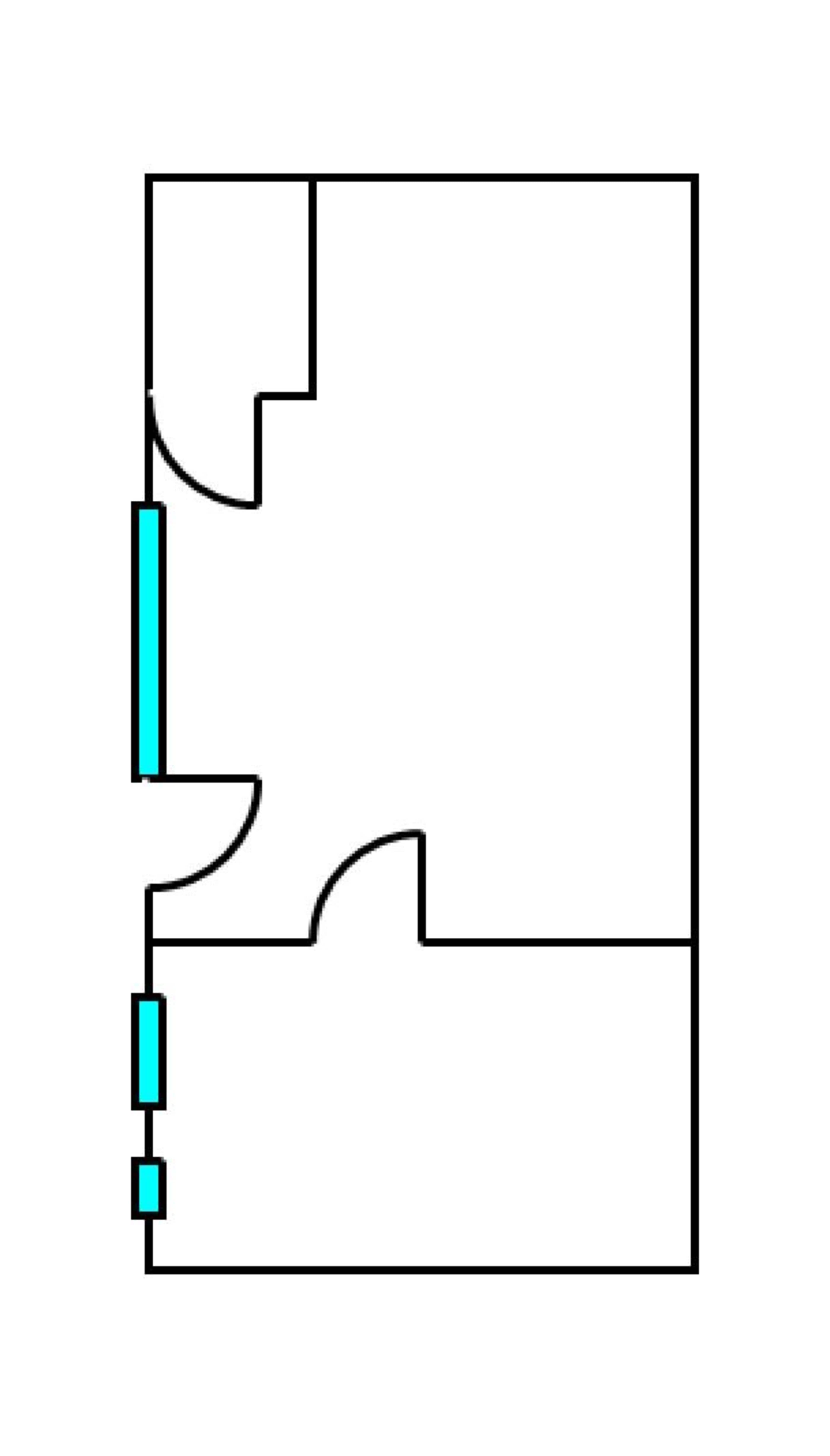 A simple floor plan with labeled rooms and dimensions outlined in black and highlighted with blue accents.