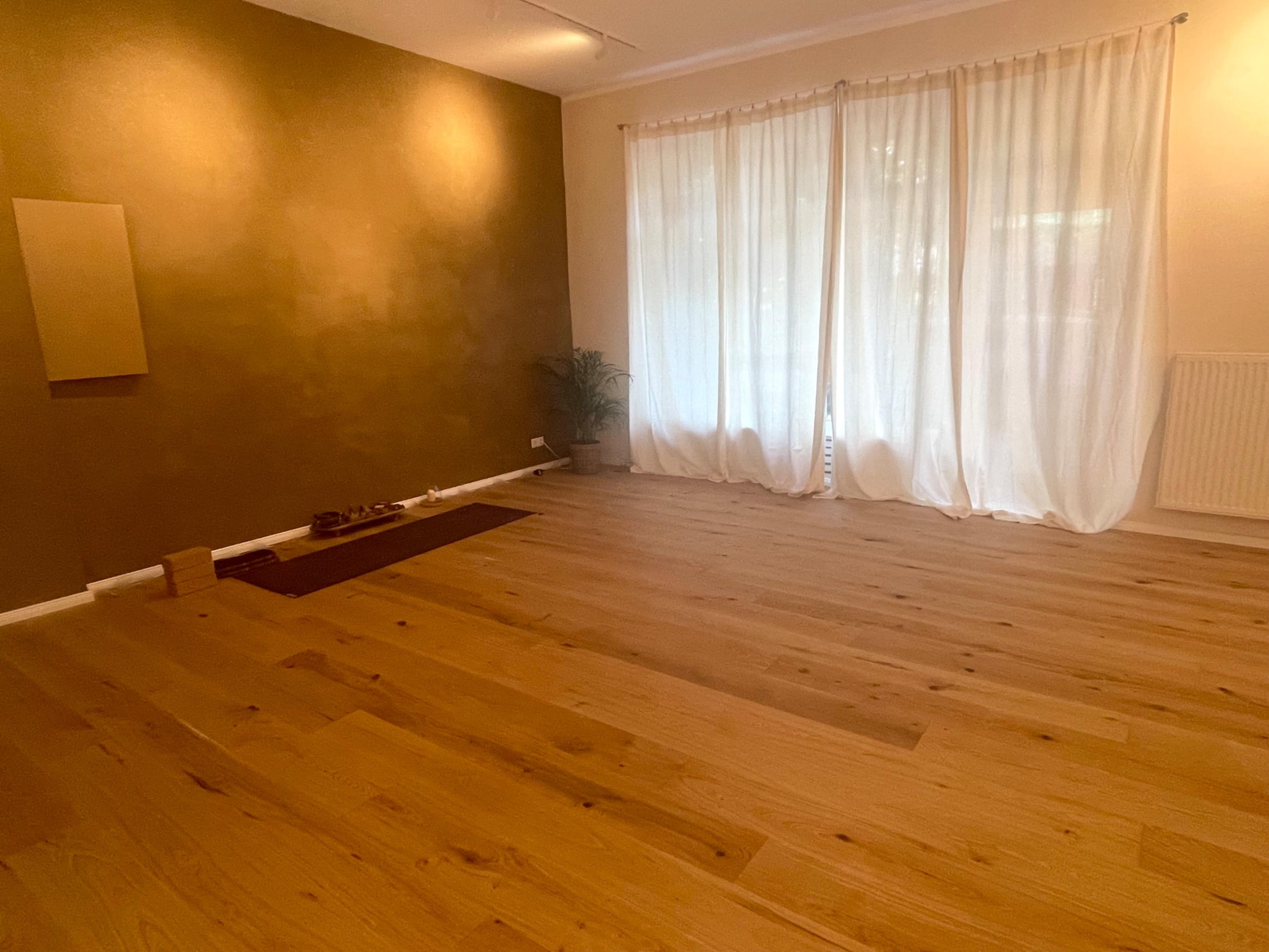 The room features wooden flooring, a textured brown wall, a plant, and large sheer curtains allowing light to enter.