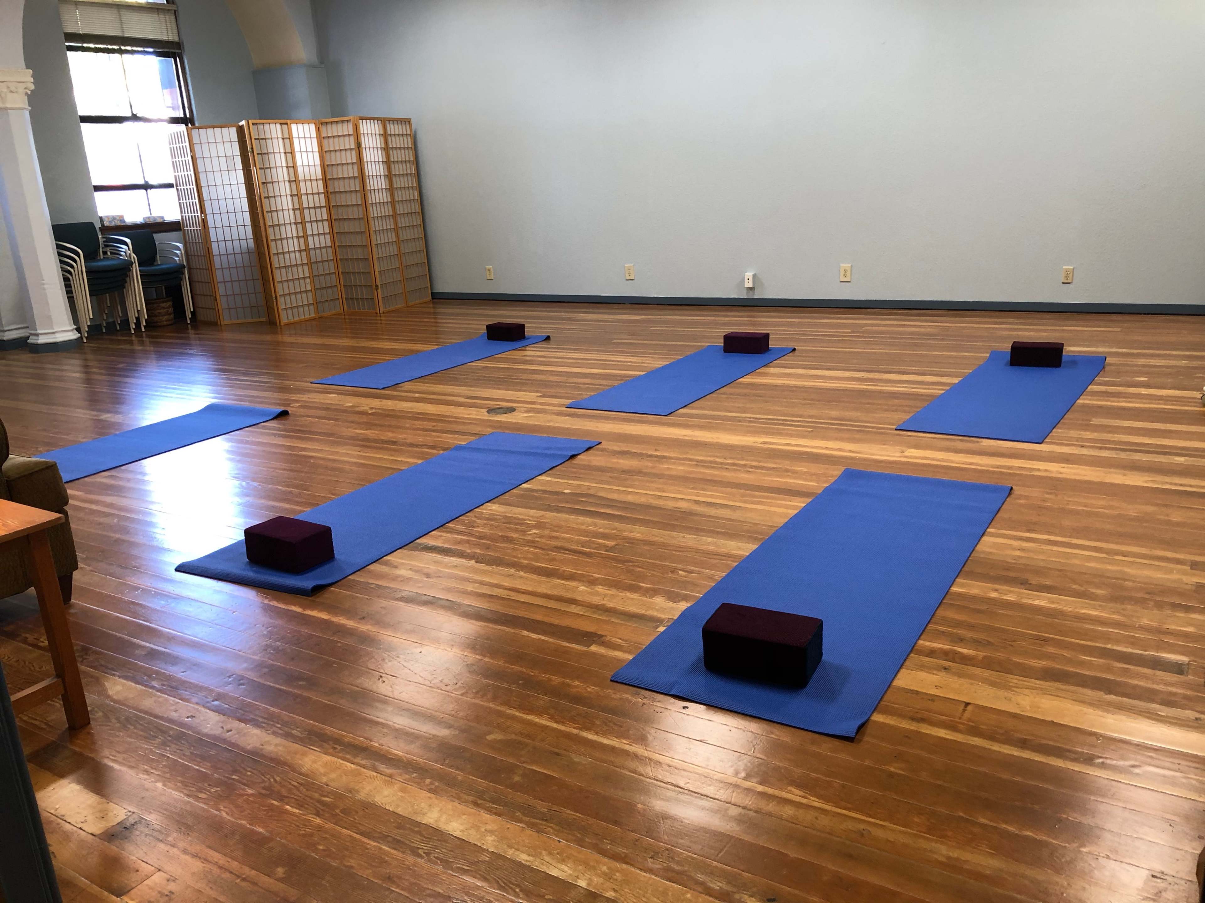 A yoga studio with six blue mats arranged on a wooden floor, each with a maroon yoga block placed at the top.