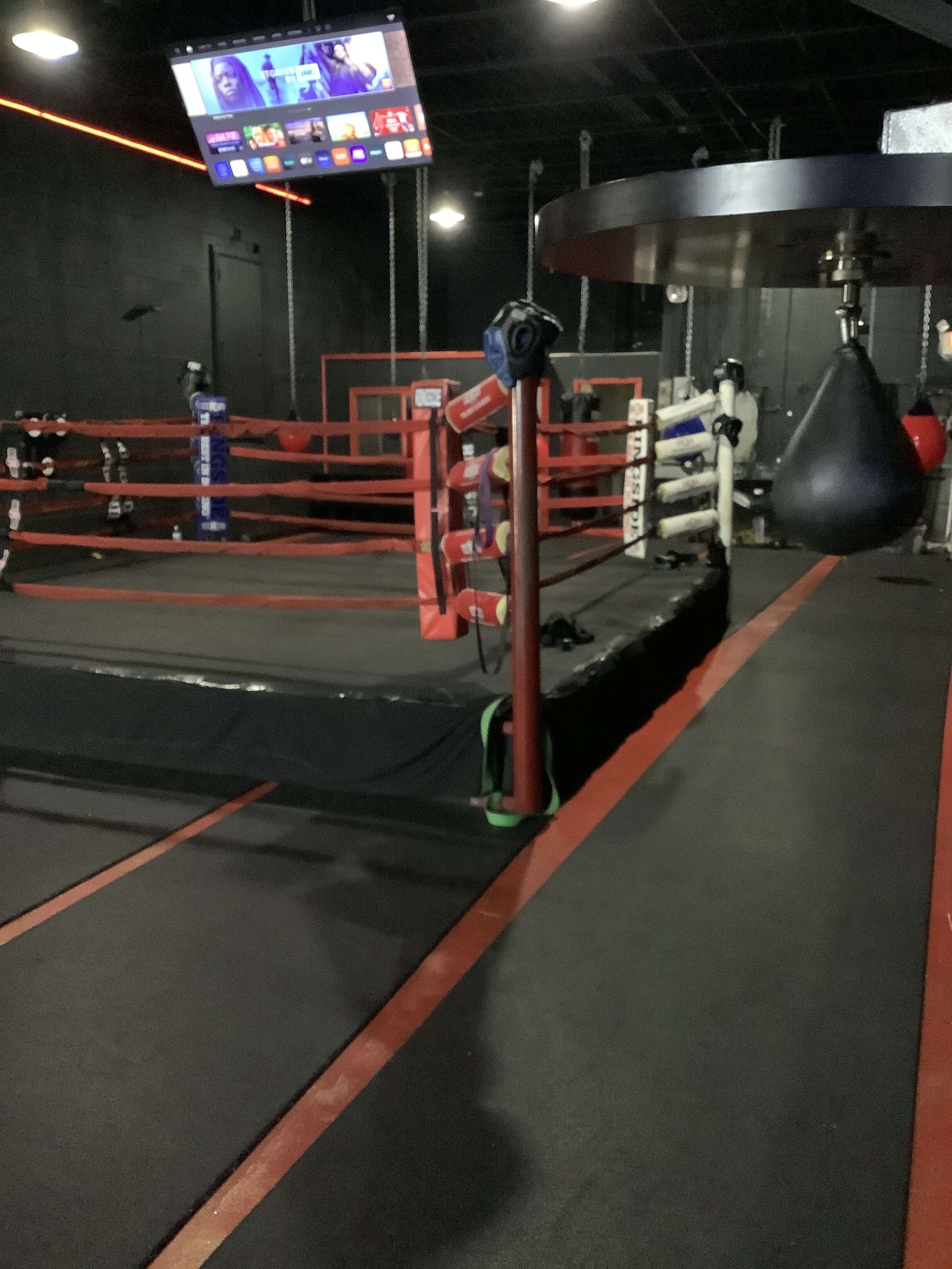 A boxing ring with red and white ropes, surrounded by a black rubber floor and equipped with a punching bag and a wall-mounted display screen.
