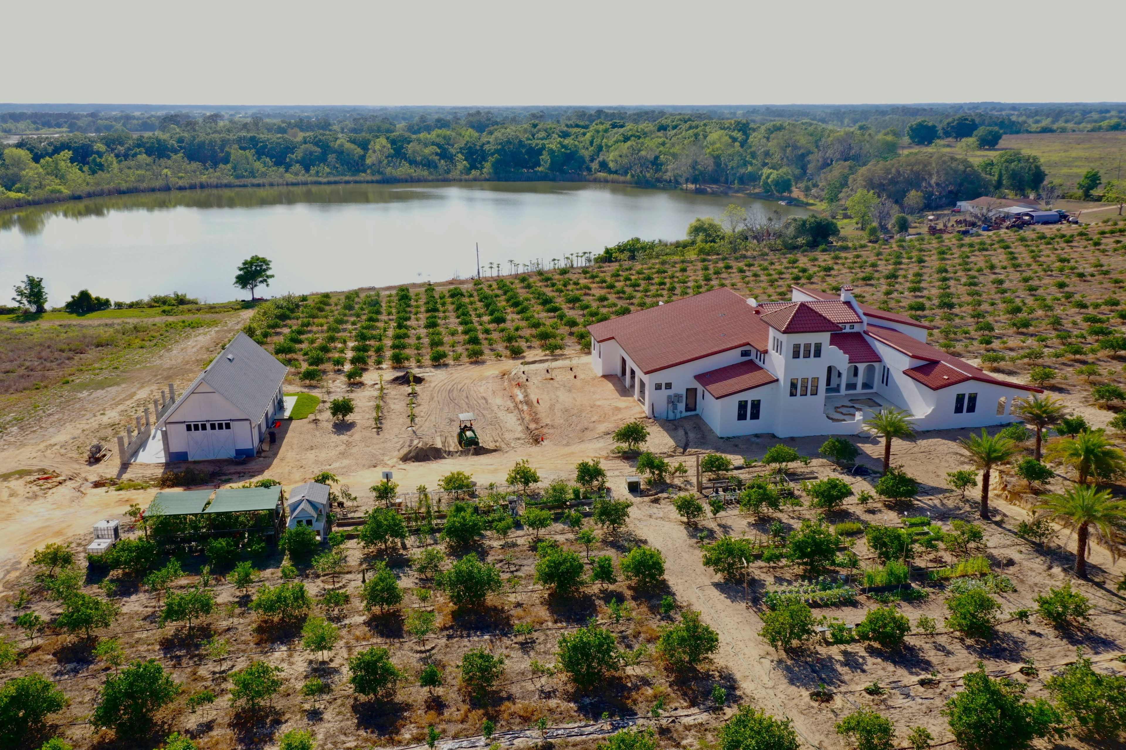 A large house with a red roof is situated near a lake, surrounded by rows of fruit trees and a barn-like structure.