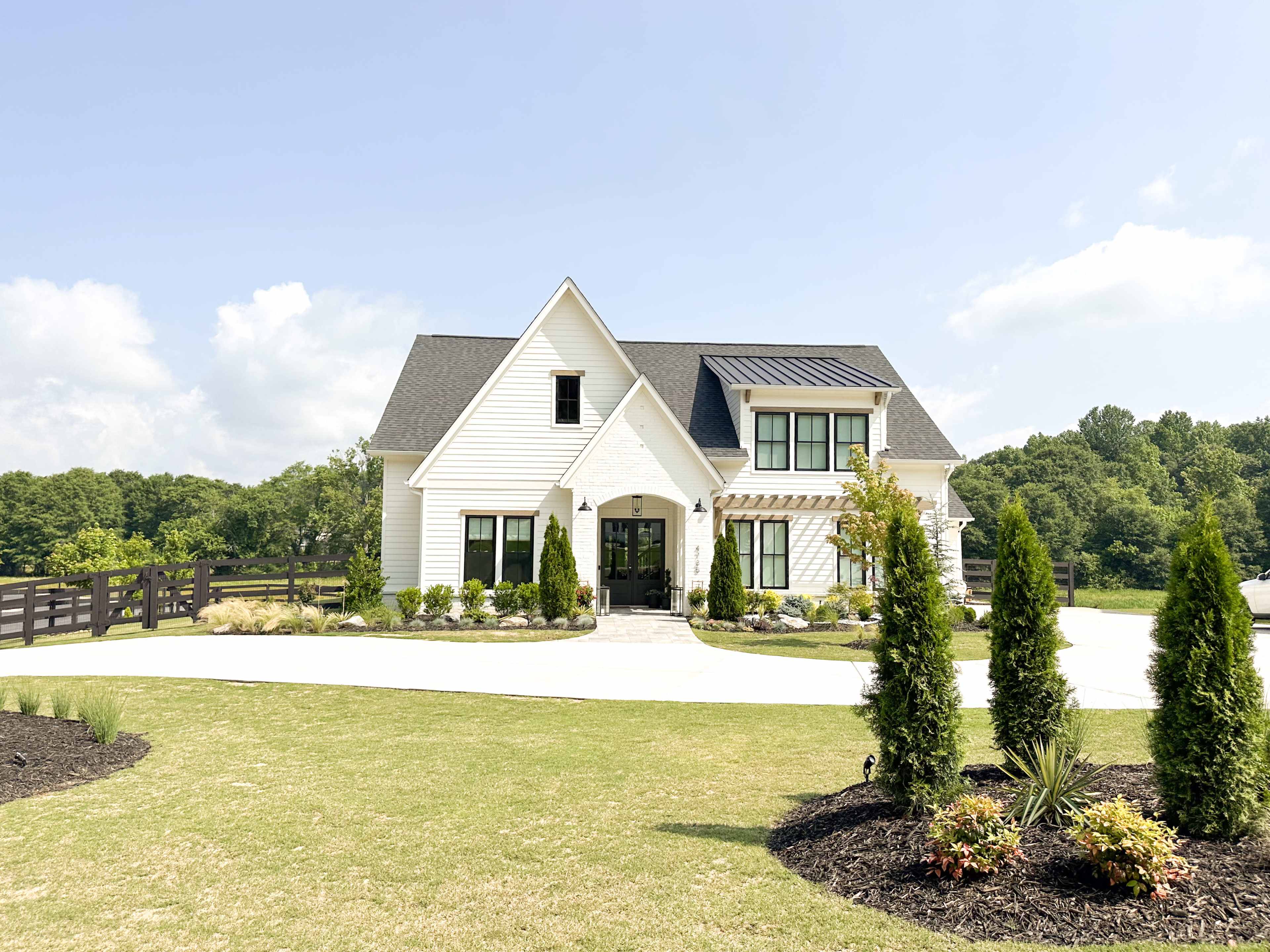 A modern two-story white house with a black roof, surrounded by neatly landscaped green grass and colorful flower beds.