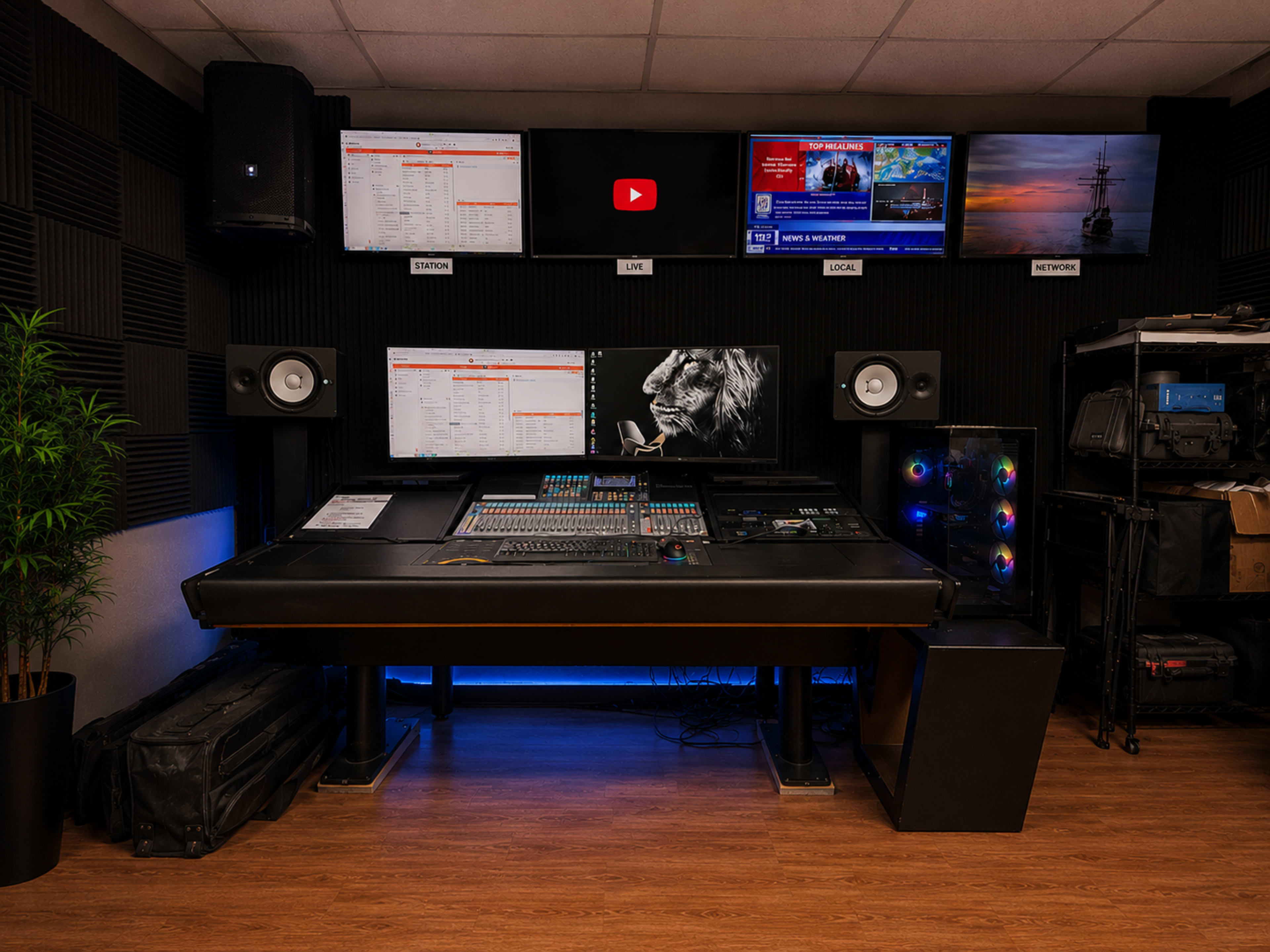 The image shows a professional audio mixing studio featuring a large mixing console at the center, flanked by two monitors and multiple screens displaying various content.