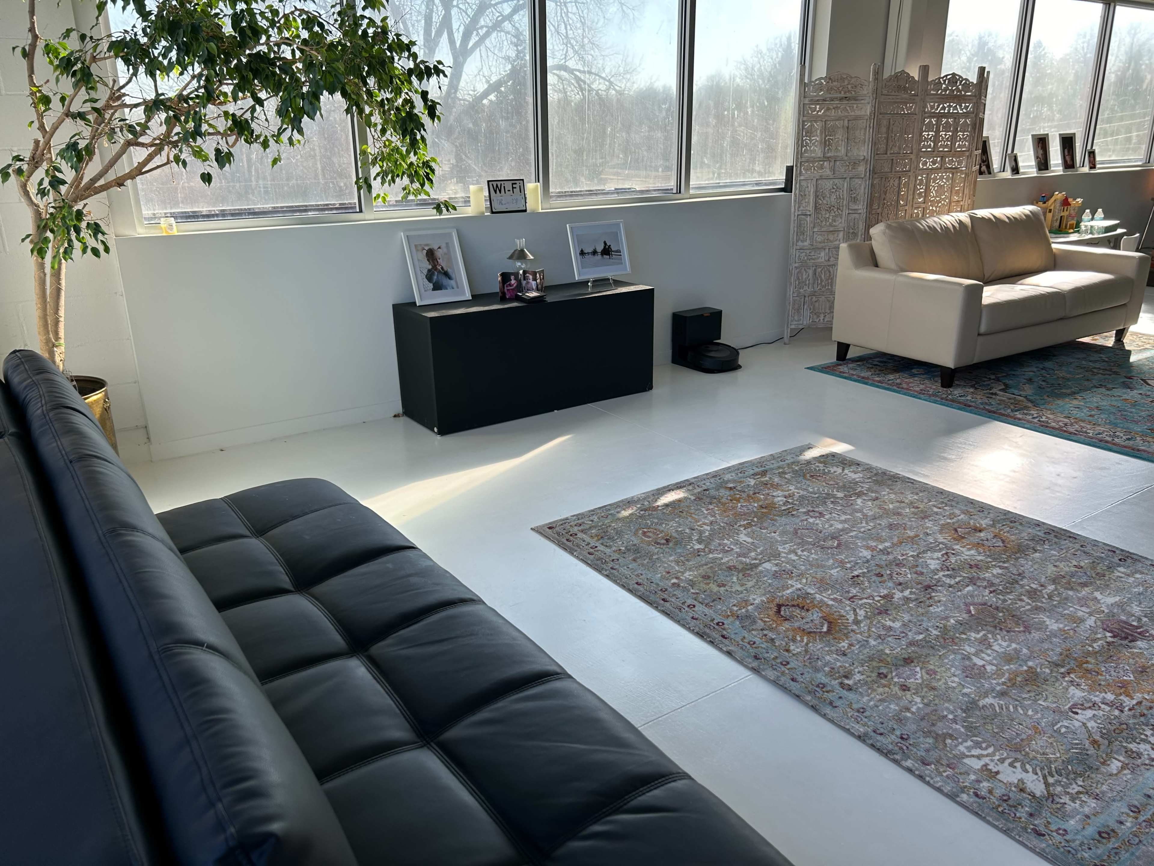 The image shows a spacious, bright living room with large windows, a black sofa, a decorative area rug, and minimal furnishings including a black entertainment unit and a cream-colored couch.