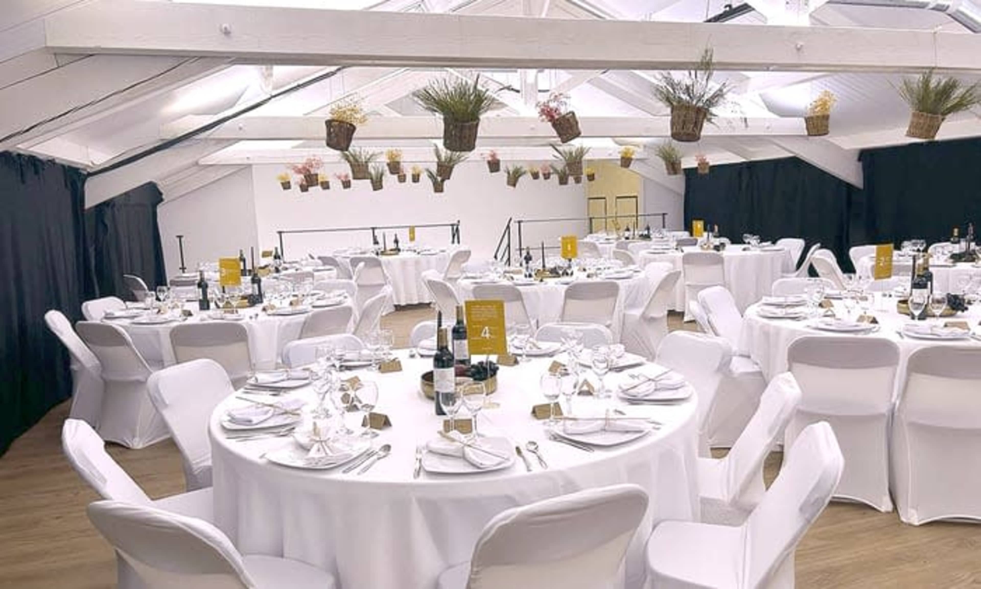 The image shows a banquet hall with round tables set for a formal meal, featuring white table linens and centerpieces, under a ceiling adorned with hanging plants.