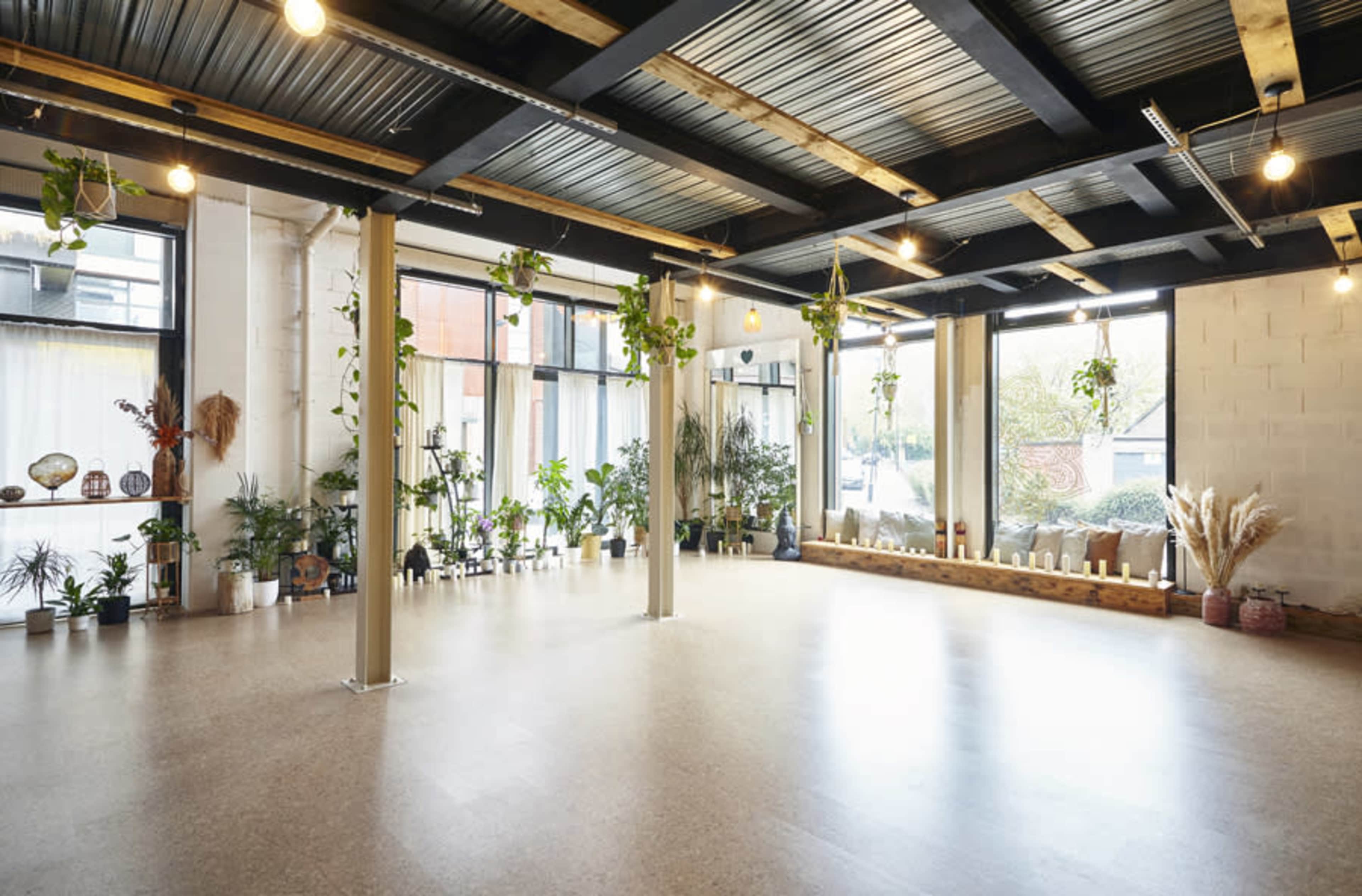 The image shows a spacious indoor area with large windows, concrete pillars, and various indoor plants arranged along the walls.