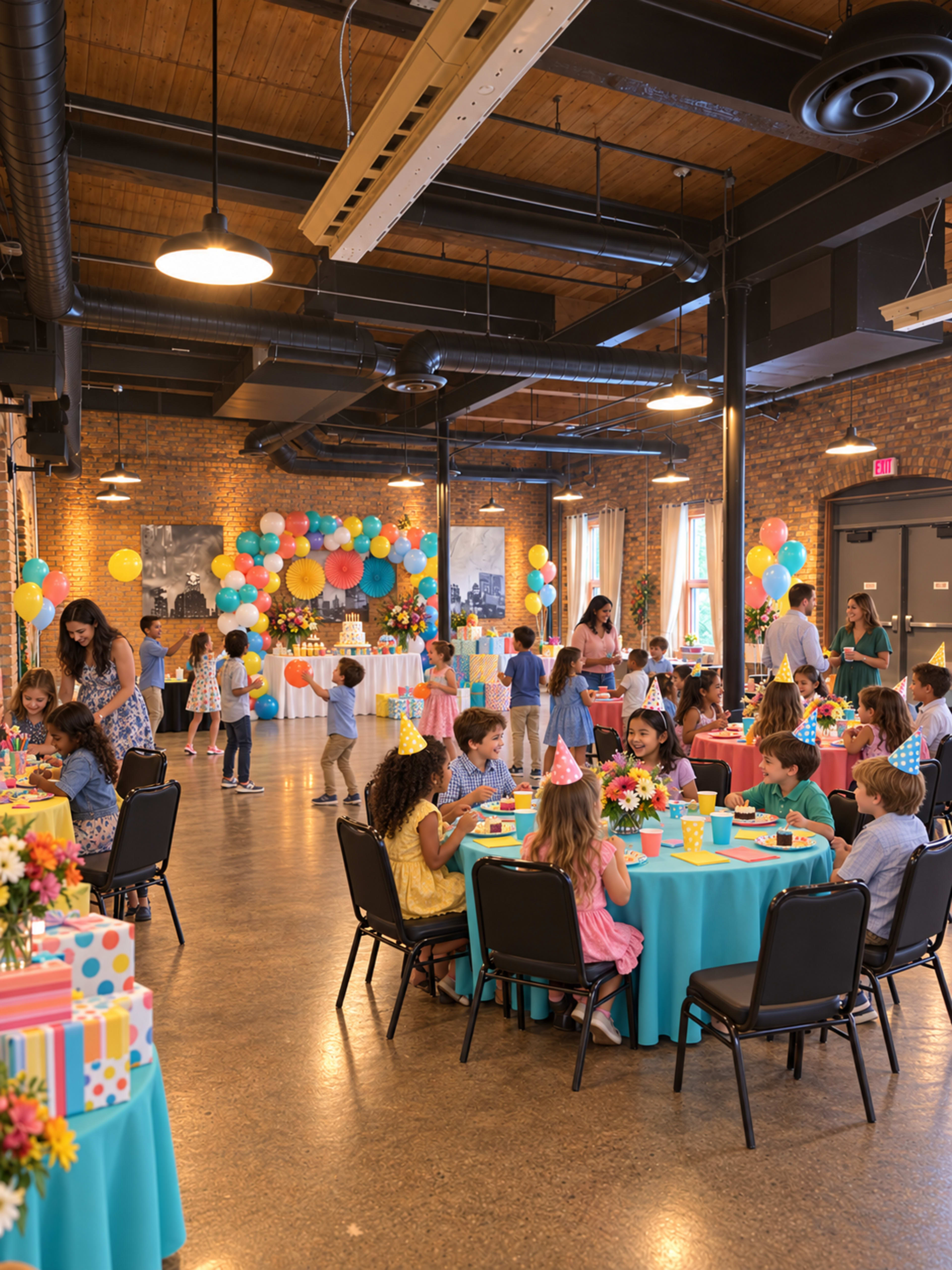 The image shows a vibrant party scene with children and adults celebrating, decorated tables with colorful tablecloths, party hats, and balloons in a spacious indoor venue.