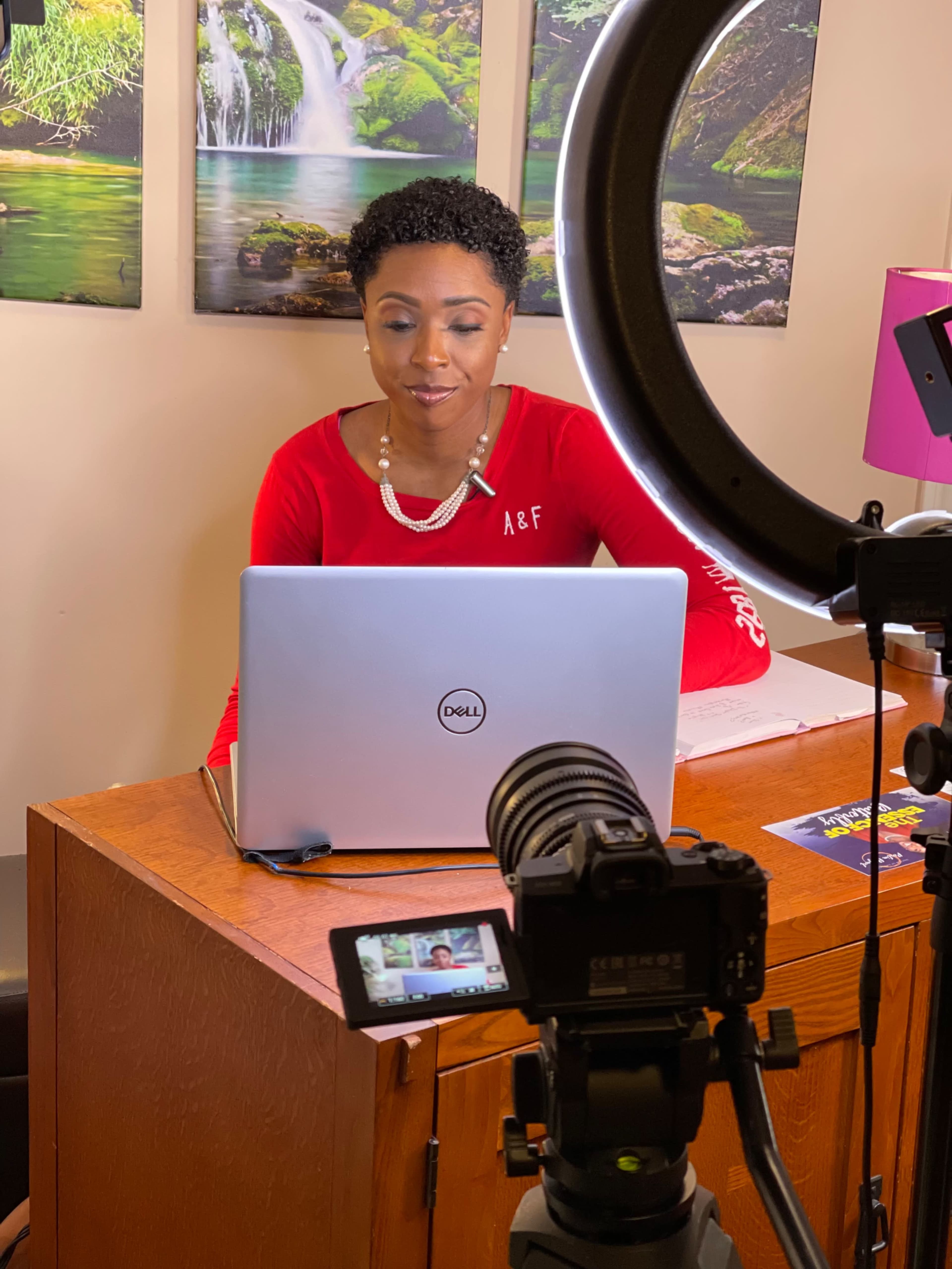 A woman is sitting at a desk with a laptop and camera setup, preparing to record or stream in a well-lit room featuring nature-themed wall art.