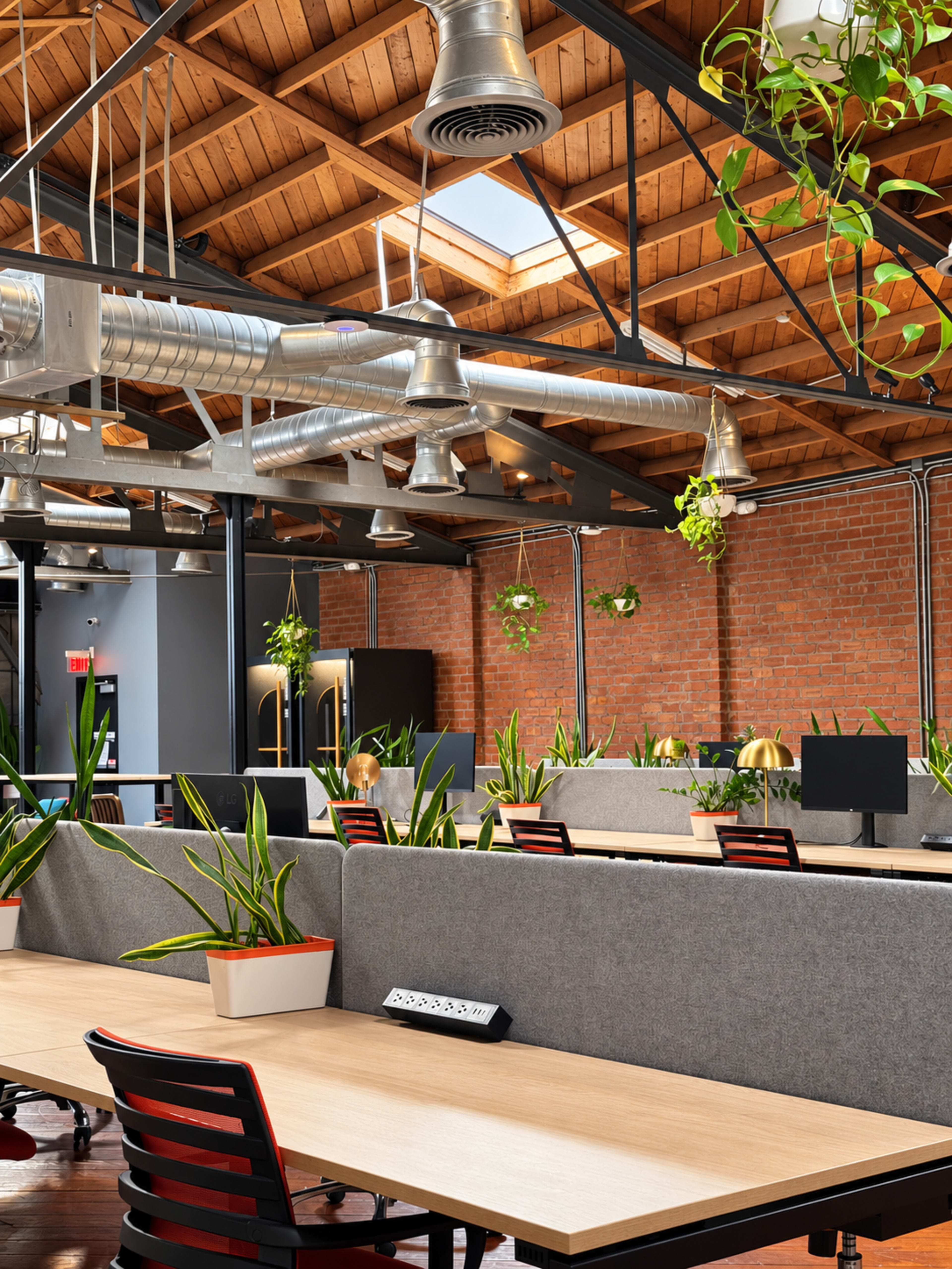 The image features a modern office space with wooden ceilings, exposed ventilation, and green plants arranged around individual workstations.