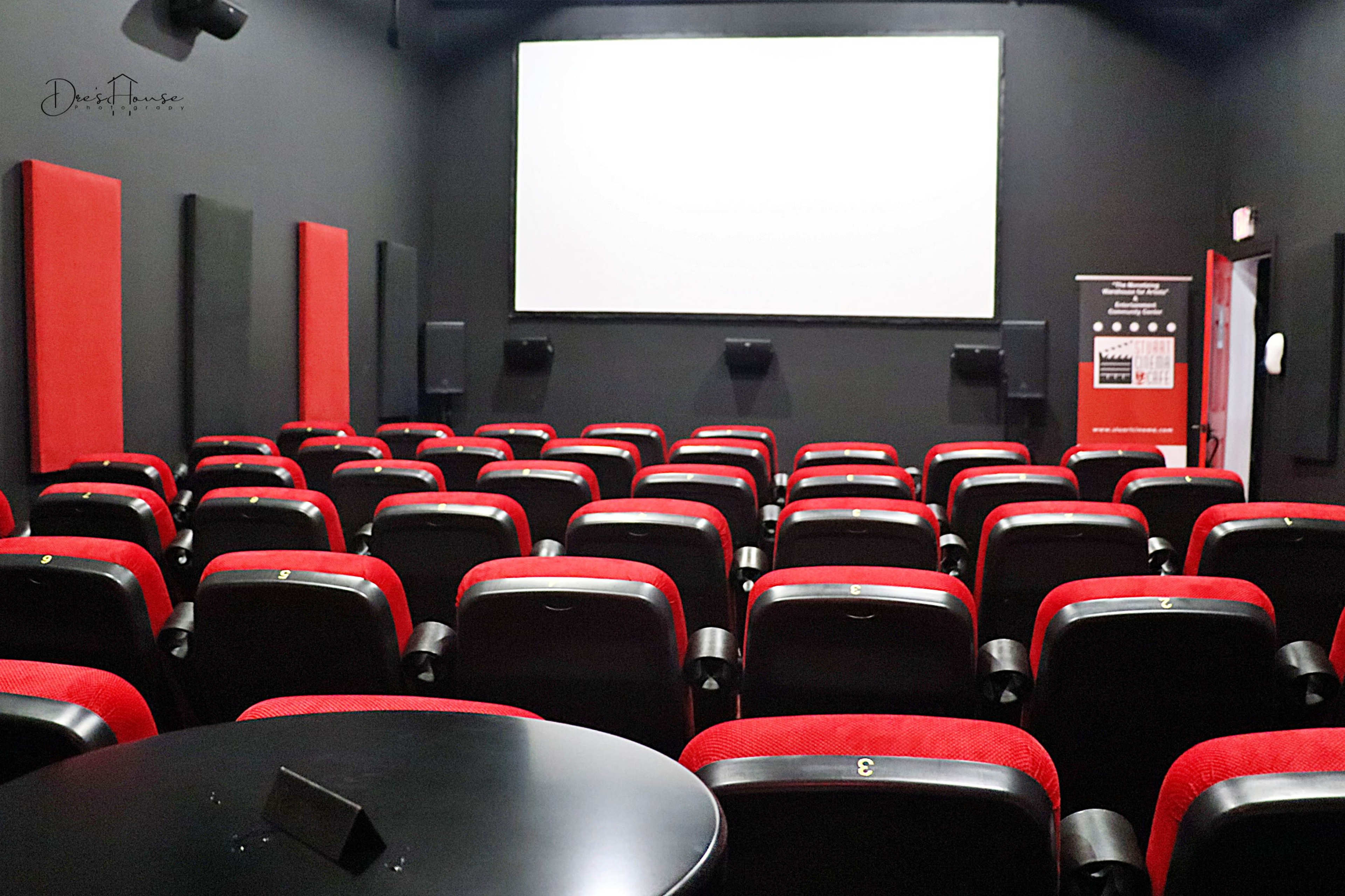 A nearly empty cinema room with rows of red and black seats facing a large white screen.