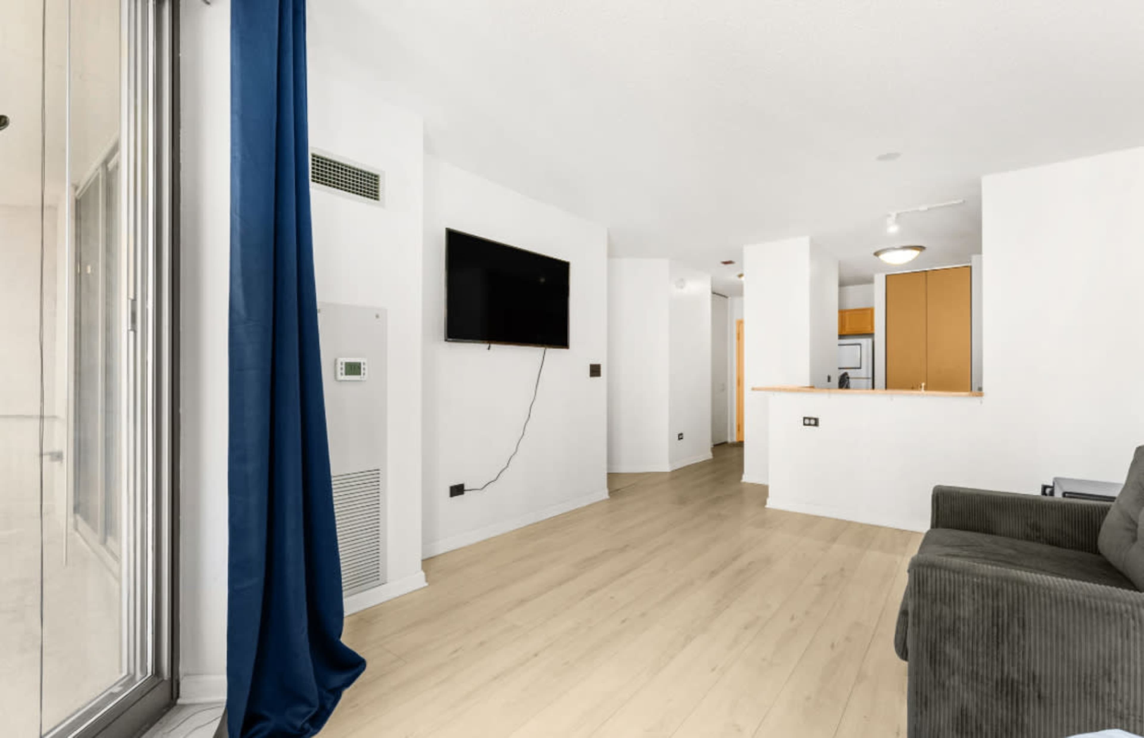 The image shows a modern living space featuring a gray sofa, a mounted television, and a wooden floor, with an open layout that leads to a kitchen area.