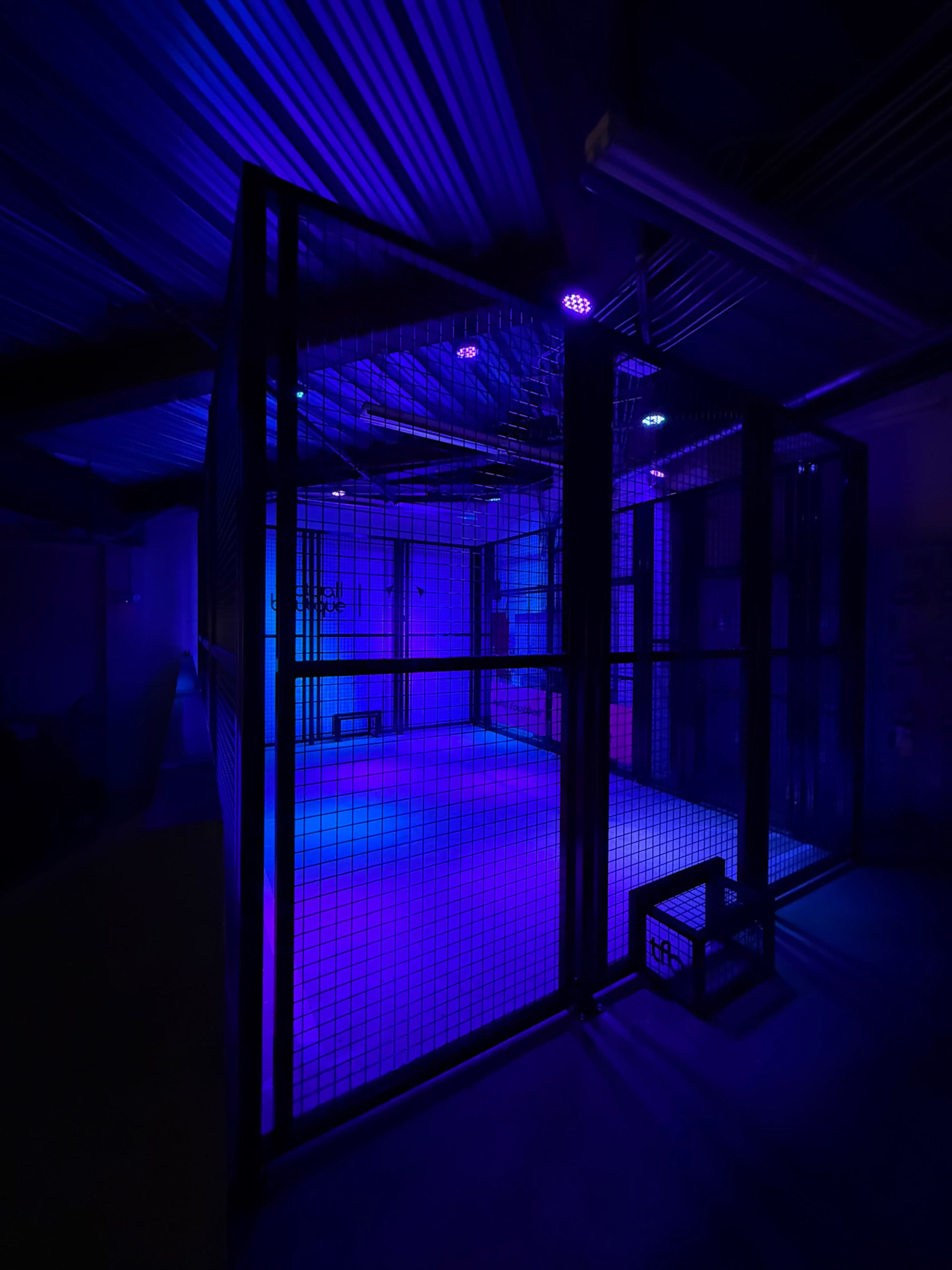 The image shows an enclosed space with mesh walls illuminated by blue and purple lights.
