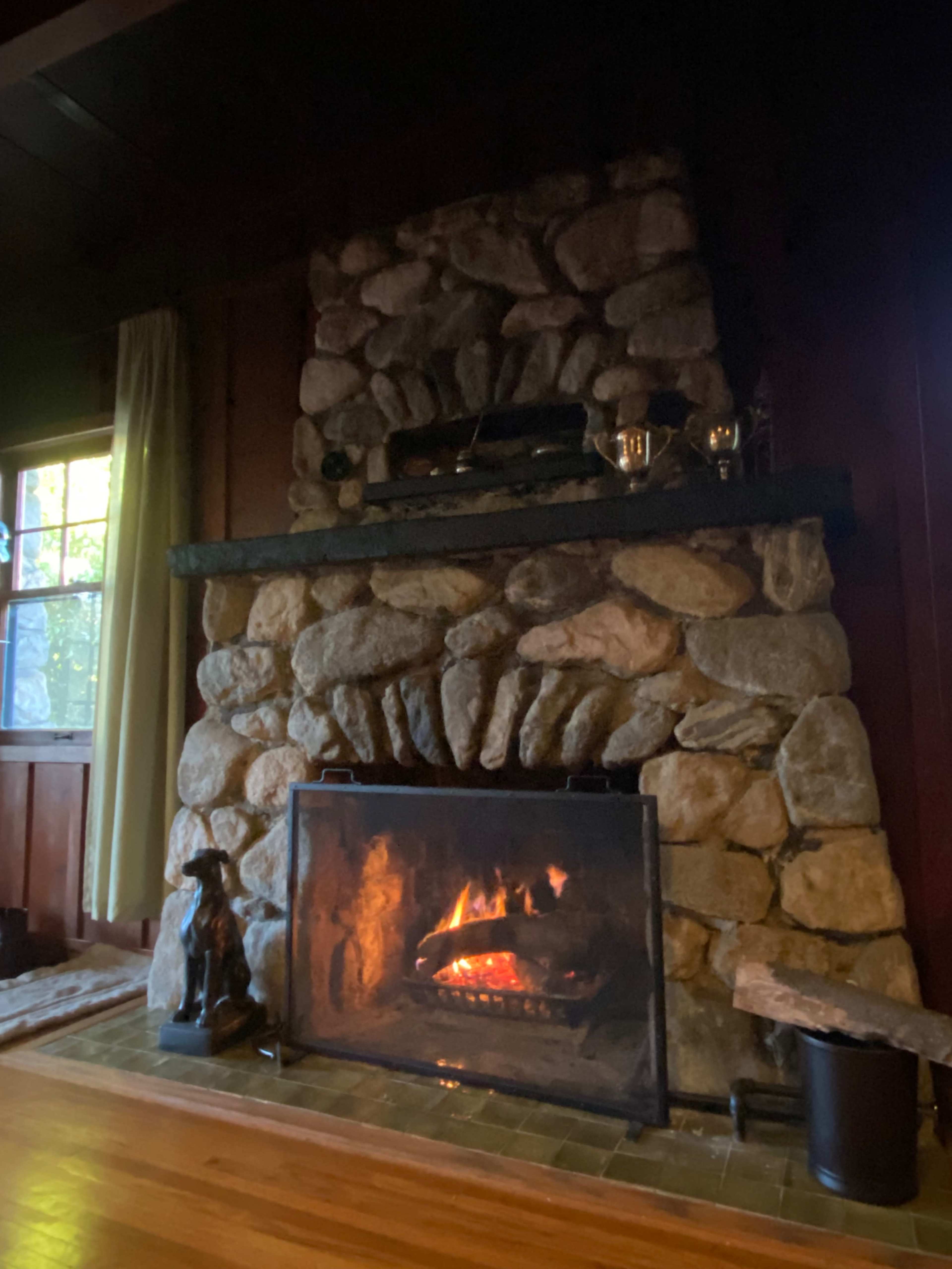 The image shows a stone fireplace with a fire burning inside, surrounded by wooden walls and a large window letting in natural light.