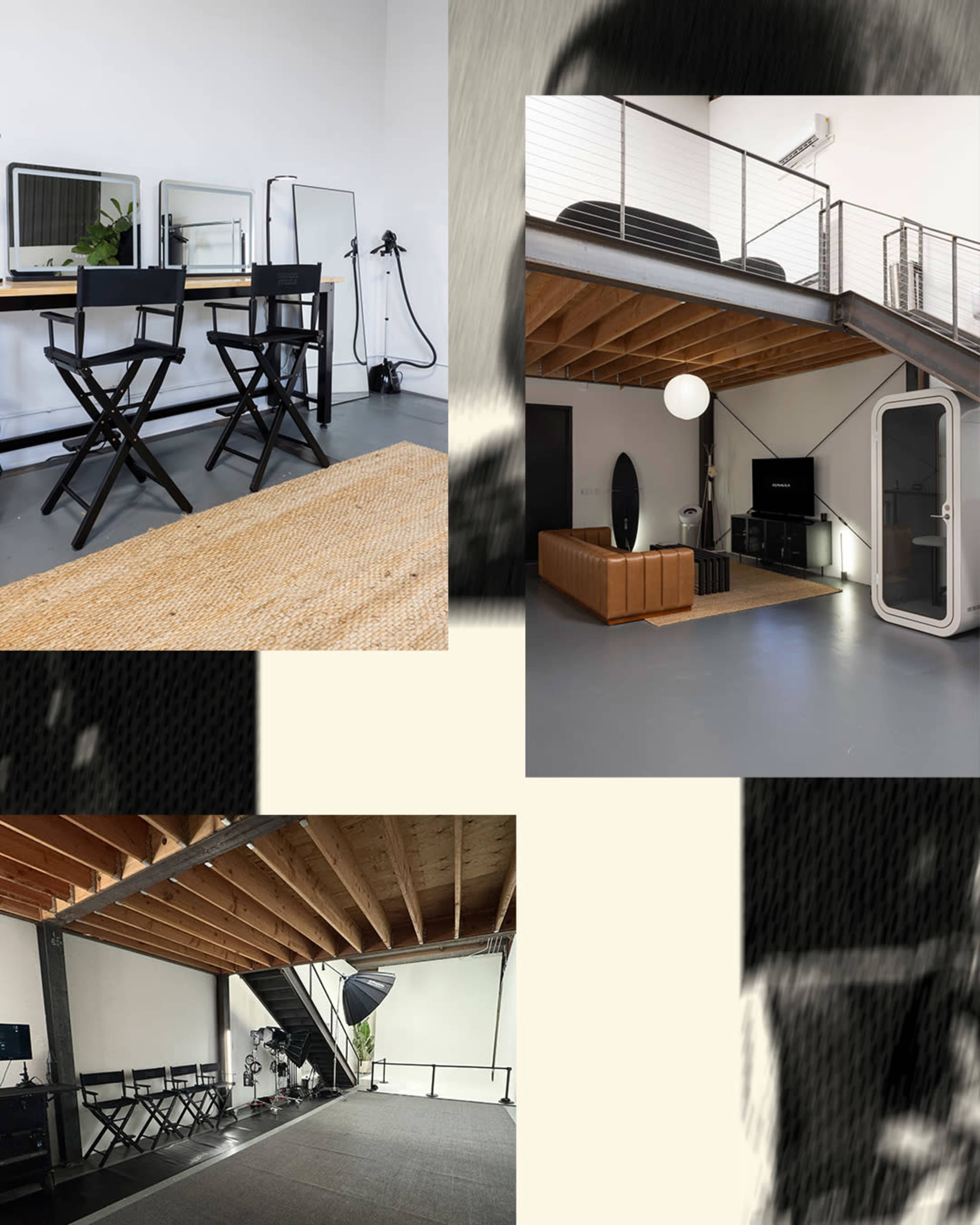 A modern studio space featuring makeup stations with mirrors, a cozy seating area, and an upper level with a view of a black and white decorative backdrop.