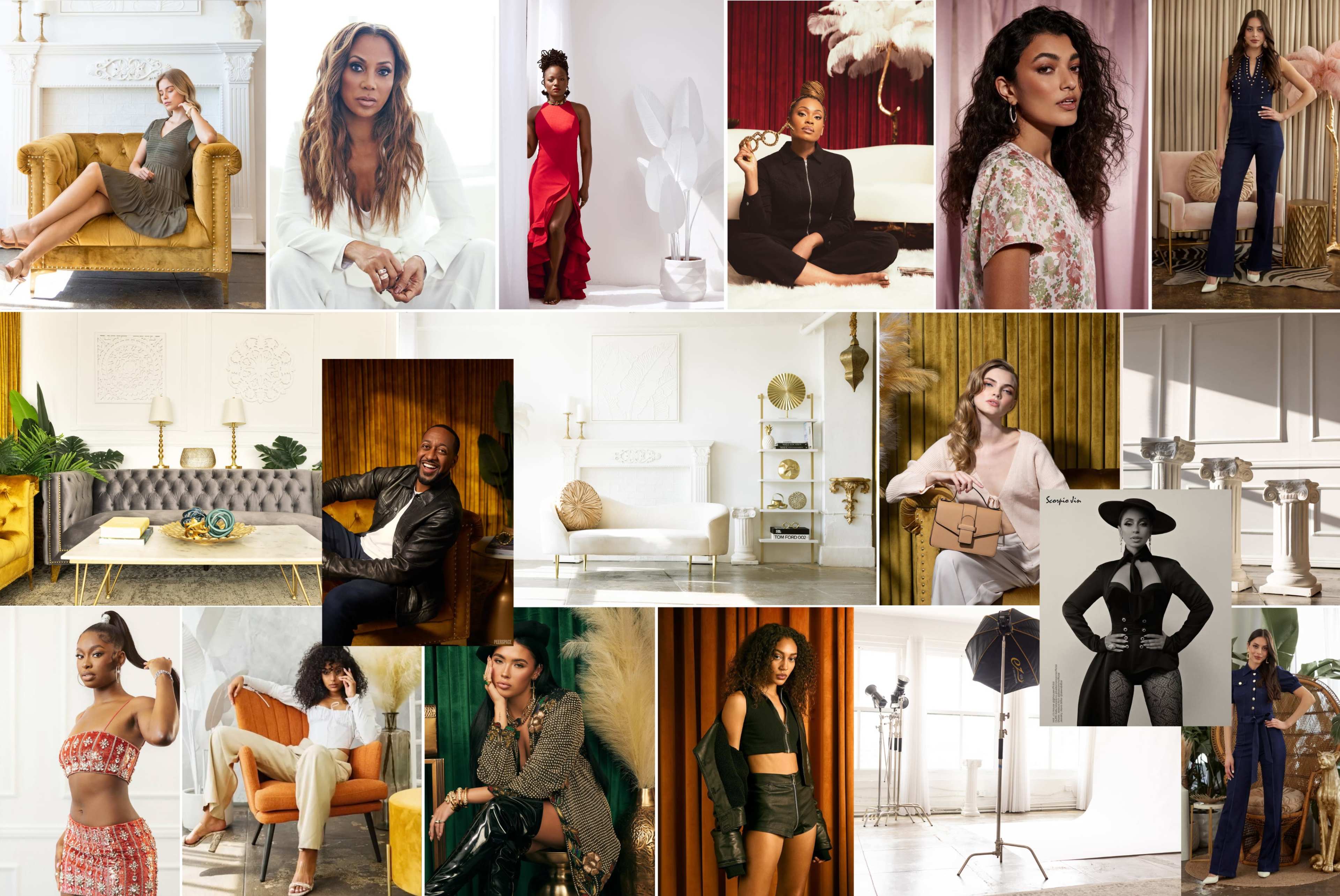 The image features a collage of diverse individuals posing in various stylish outfits and settings, including luxurious furniture and vibrant backgrounds.