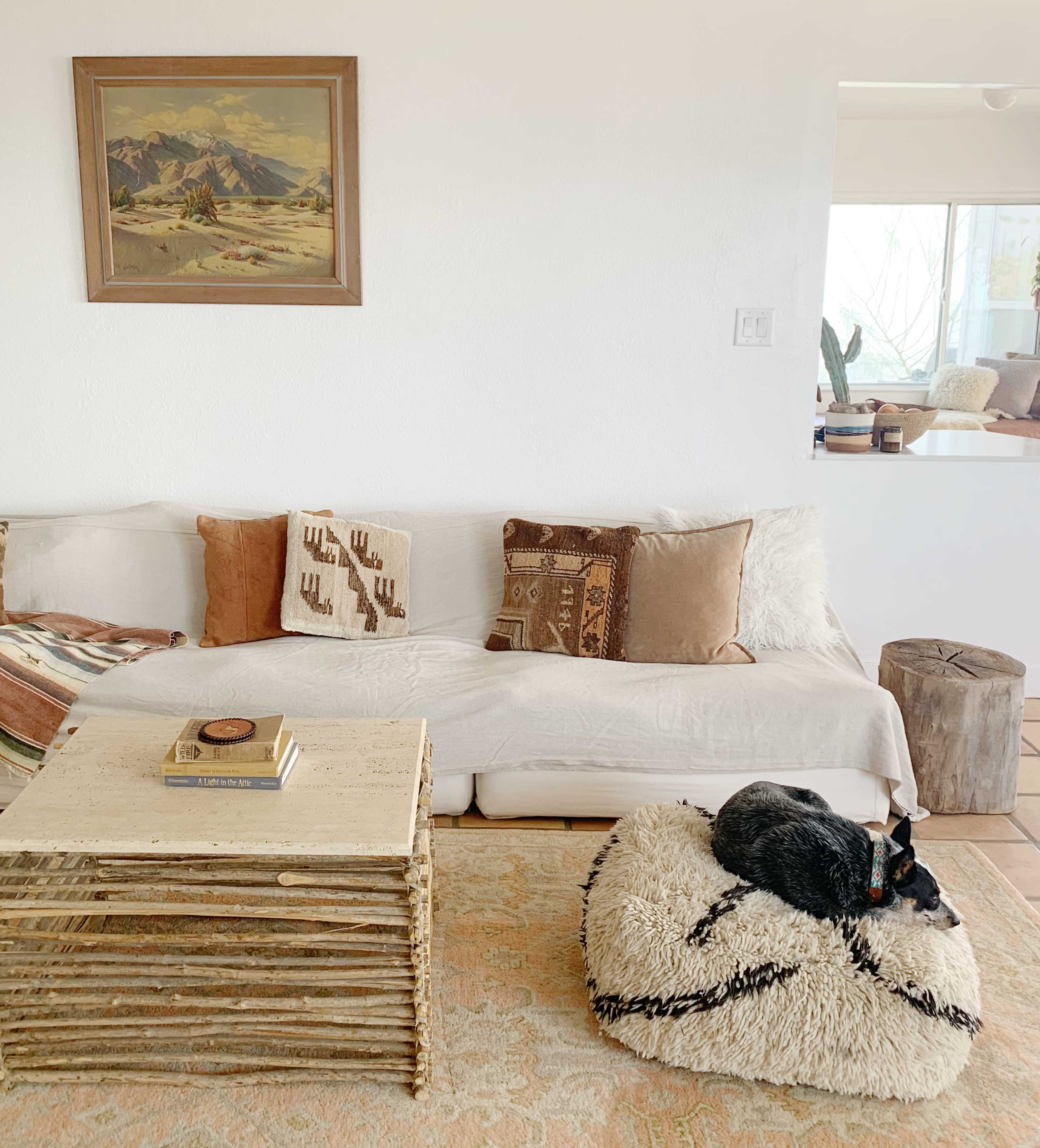 A cozy living room features a white sofa adorned with decorative pillows, a textured coffee table made of rustic wood, and a stylish round pouf, with a dog resting on top.