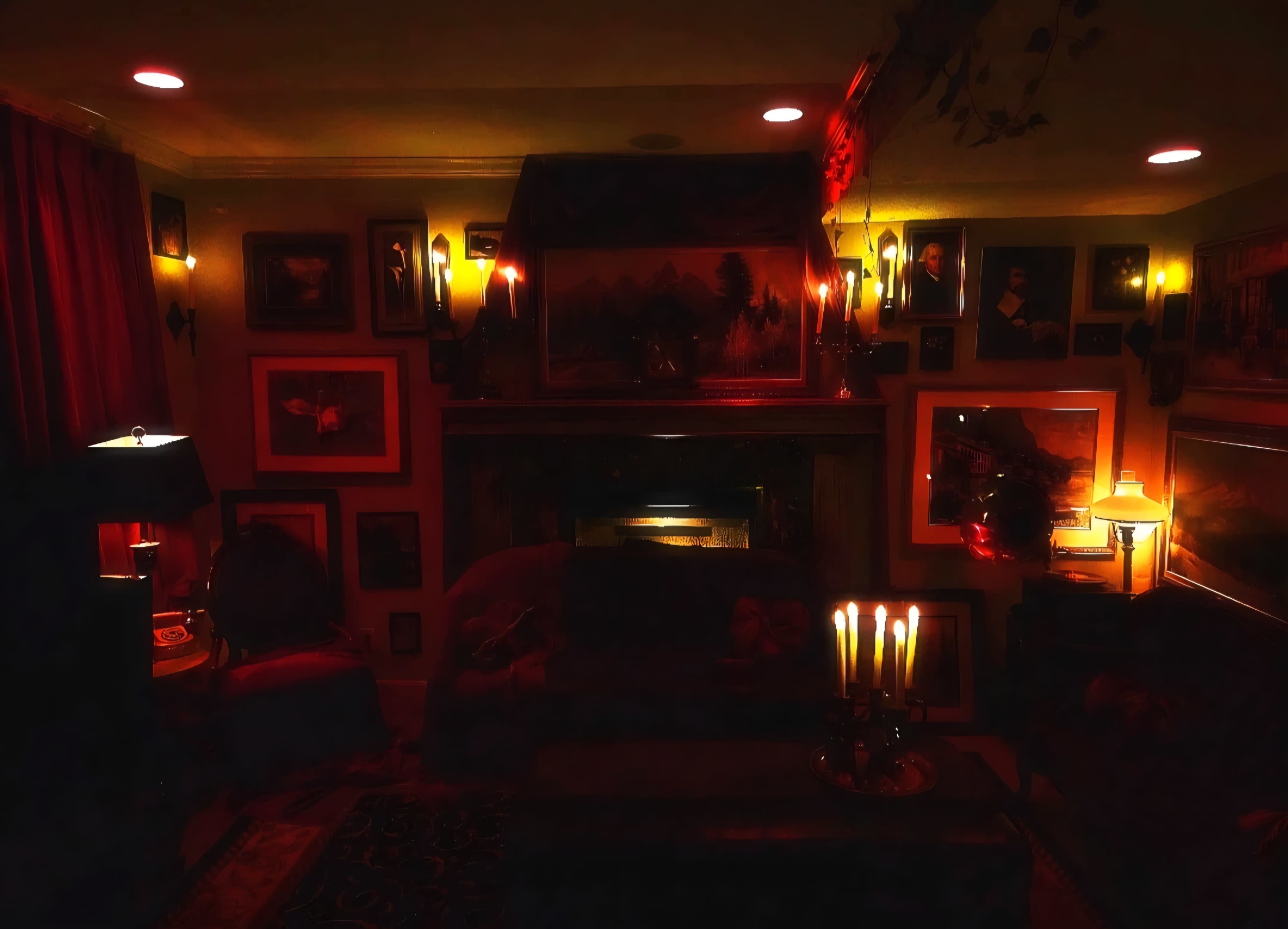 A dimly lit living room features a fireplace surrounded by framed artwork and lit candles on a table.