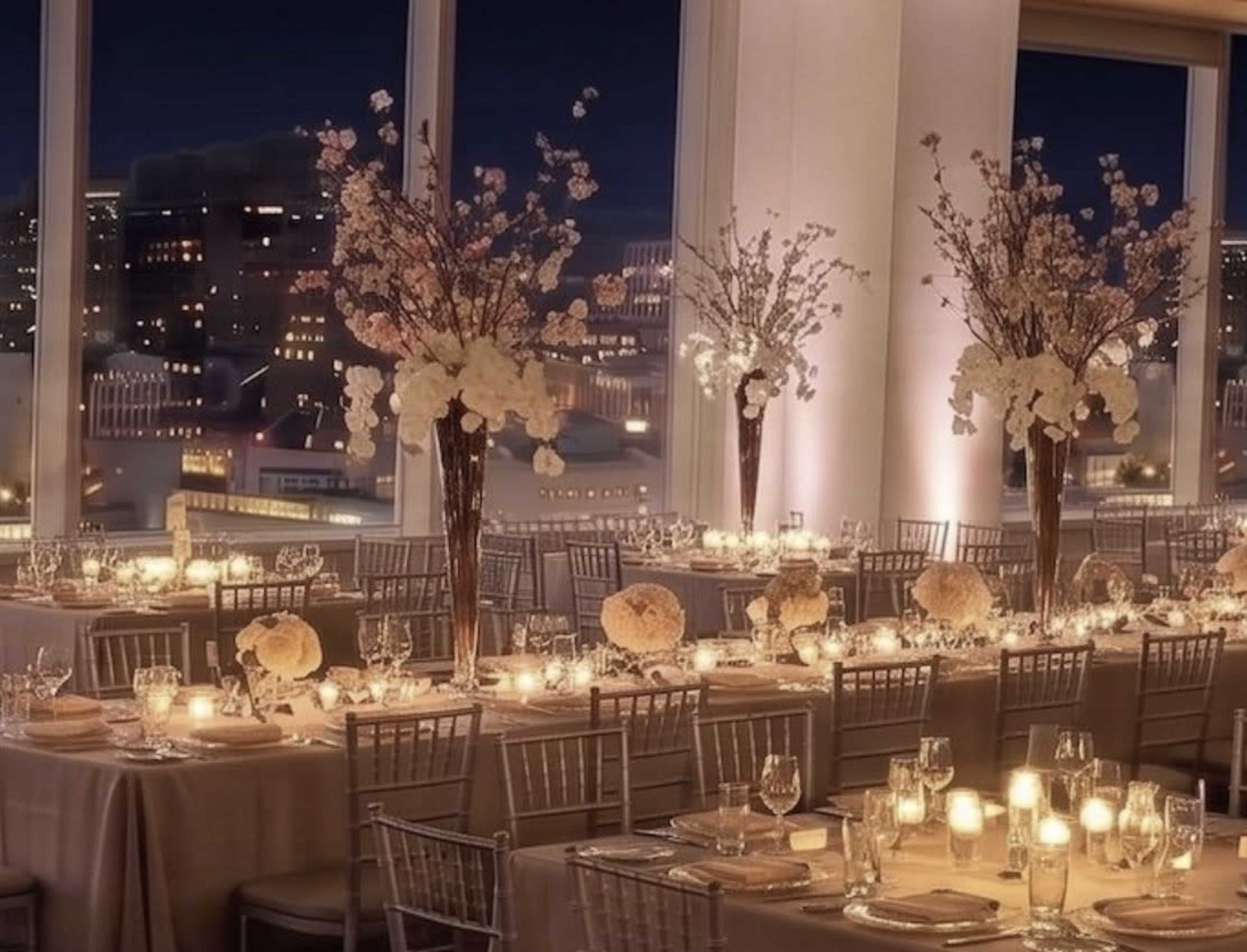 A elegantly arranged banquet hall is set for dinner with soft lighting, floral centerpieces, and views of a city skyline at night.