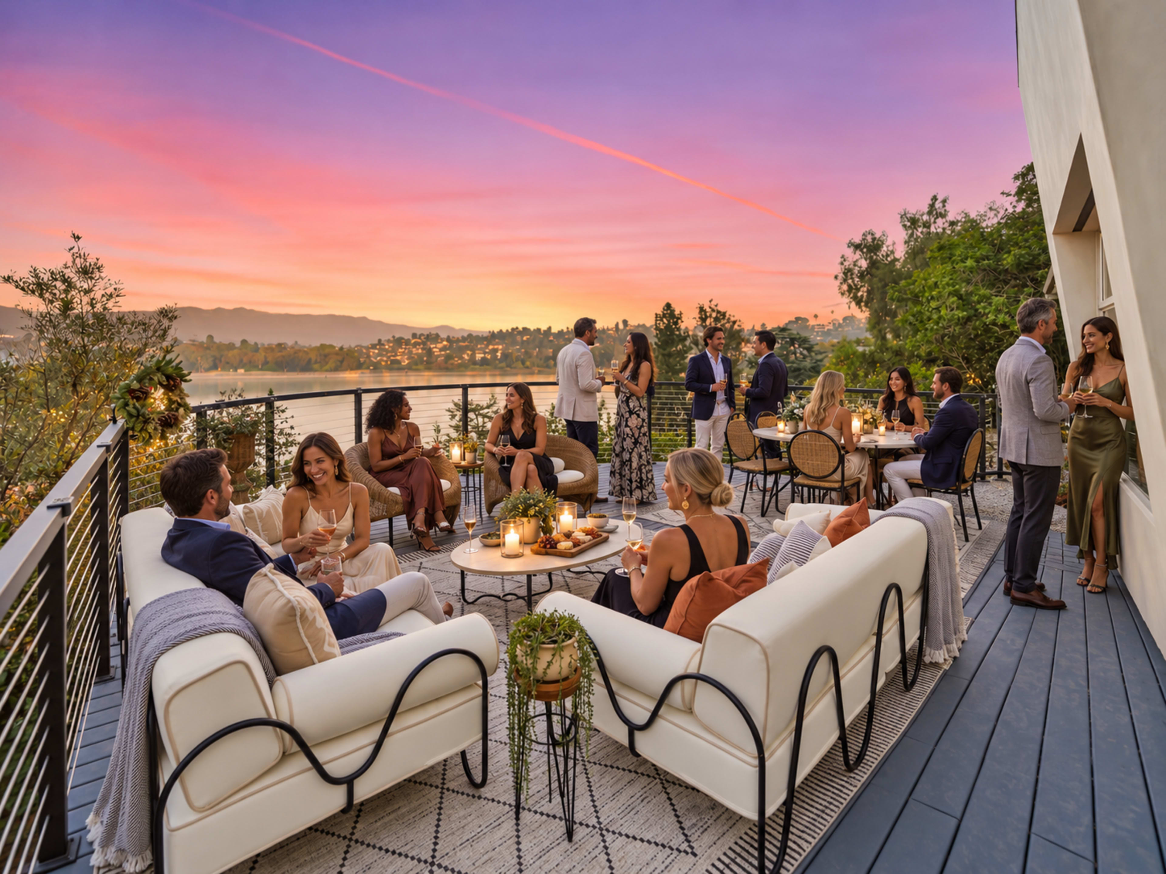 A group of people socialize on a balcony overlooking a lake at sunset, with elegant seating and decorative lights.