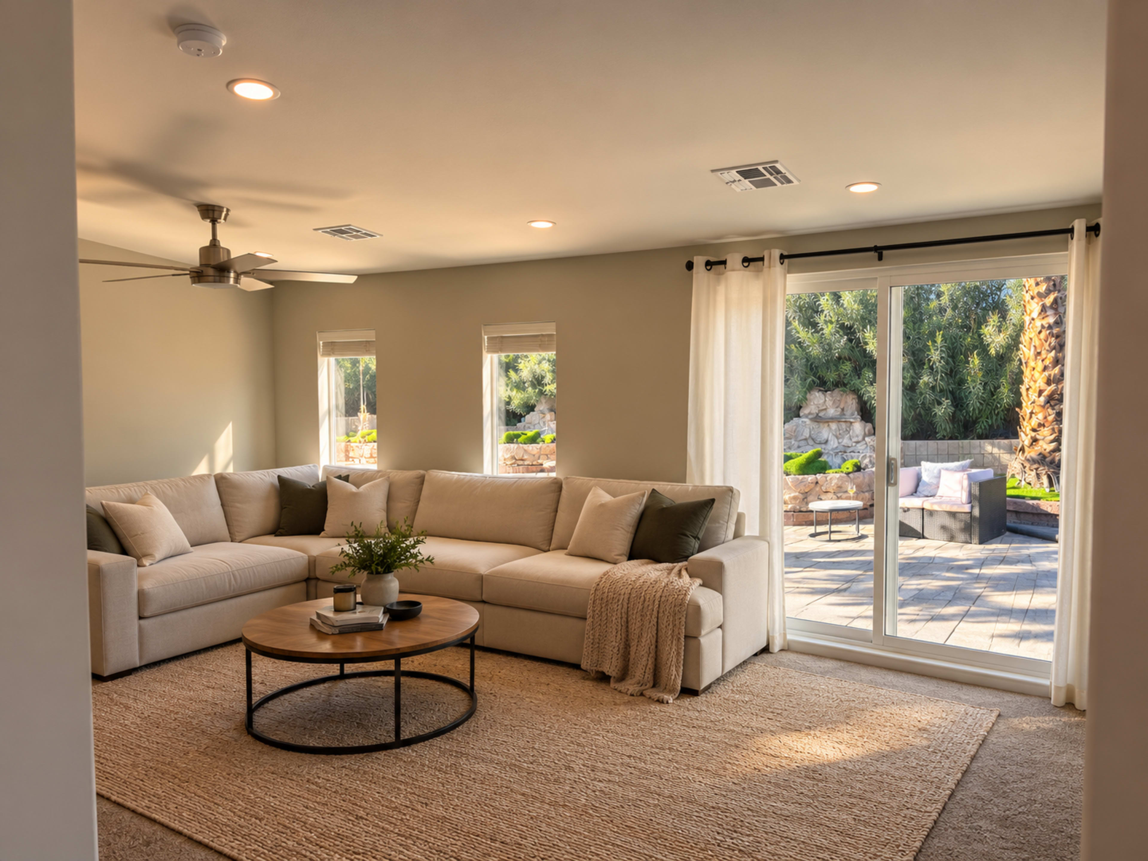 The image shows a modern living room with a beige sectional sofa, a round coffee table, and large windows that overlook a patio area with outdoor seating.