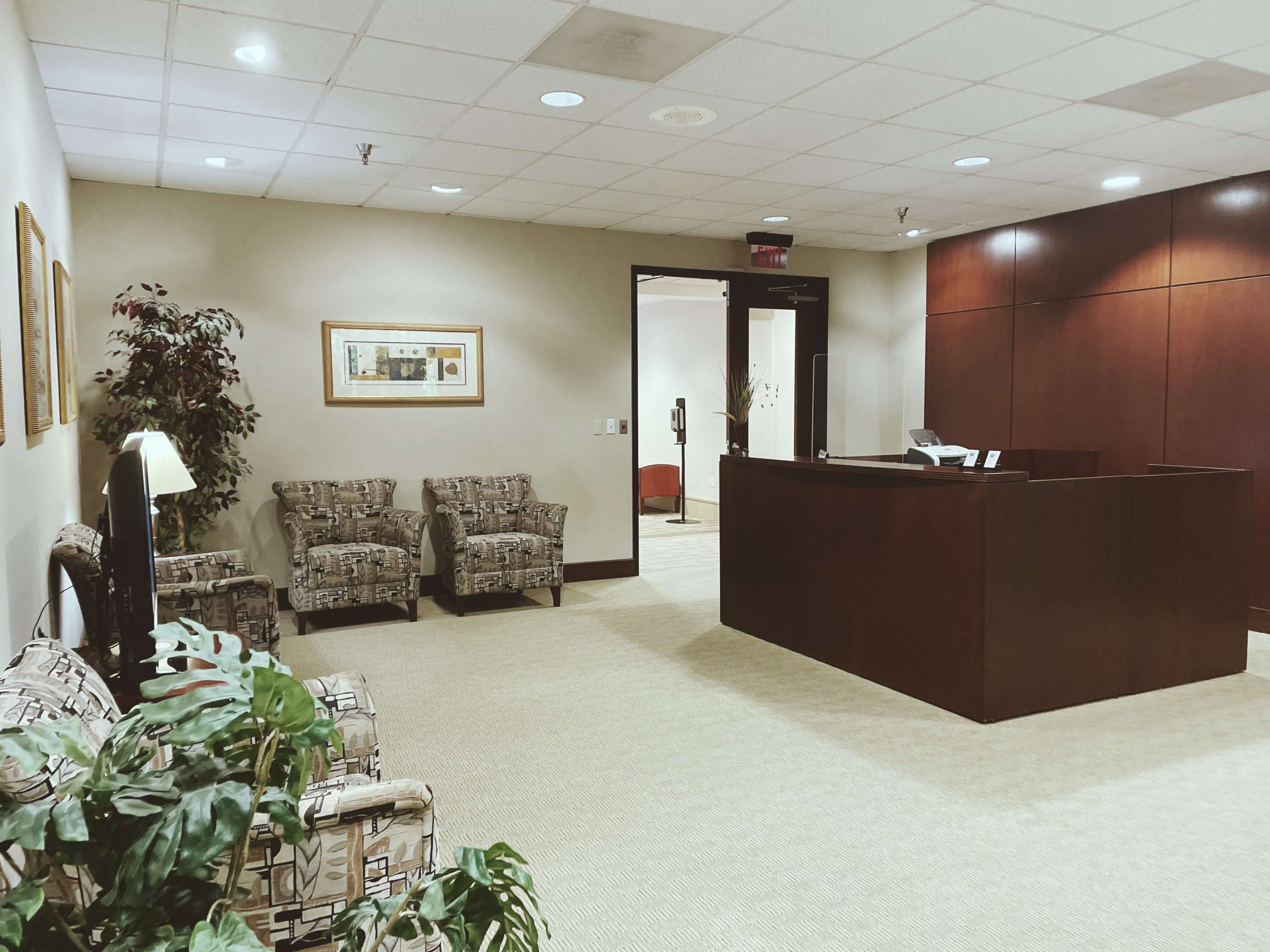 A waiting area with patterned chairs, a reception desk, and a potted plant in a well-lit office space.