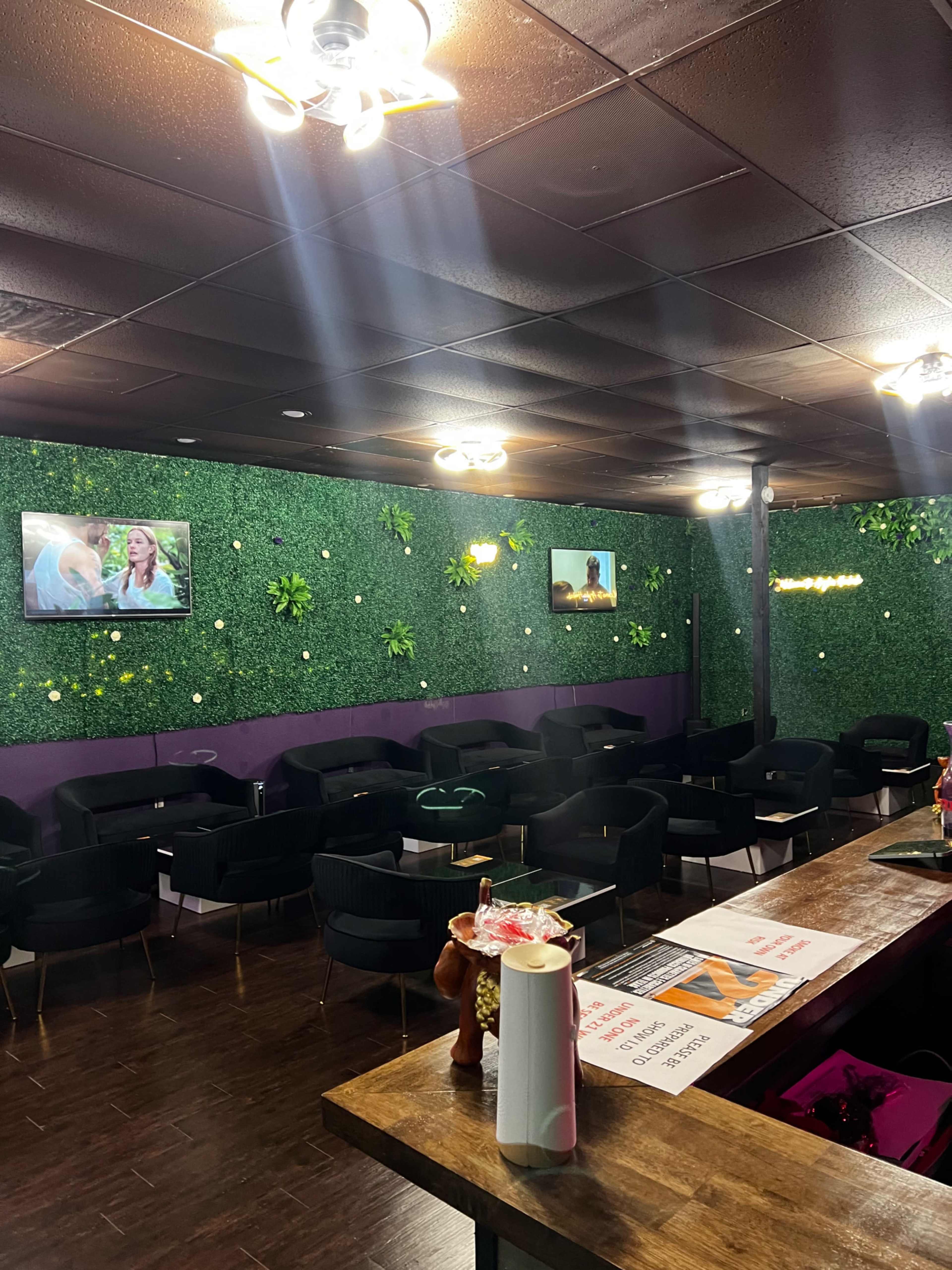 A cozy lounge area featuring dark chairs, green wall decor with plants, and two television screens mounted on the walls.