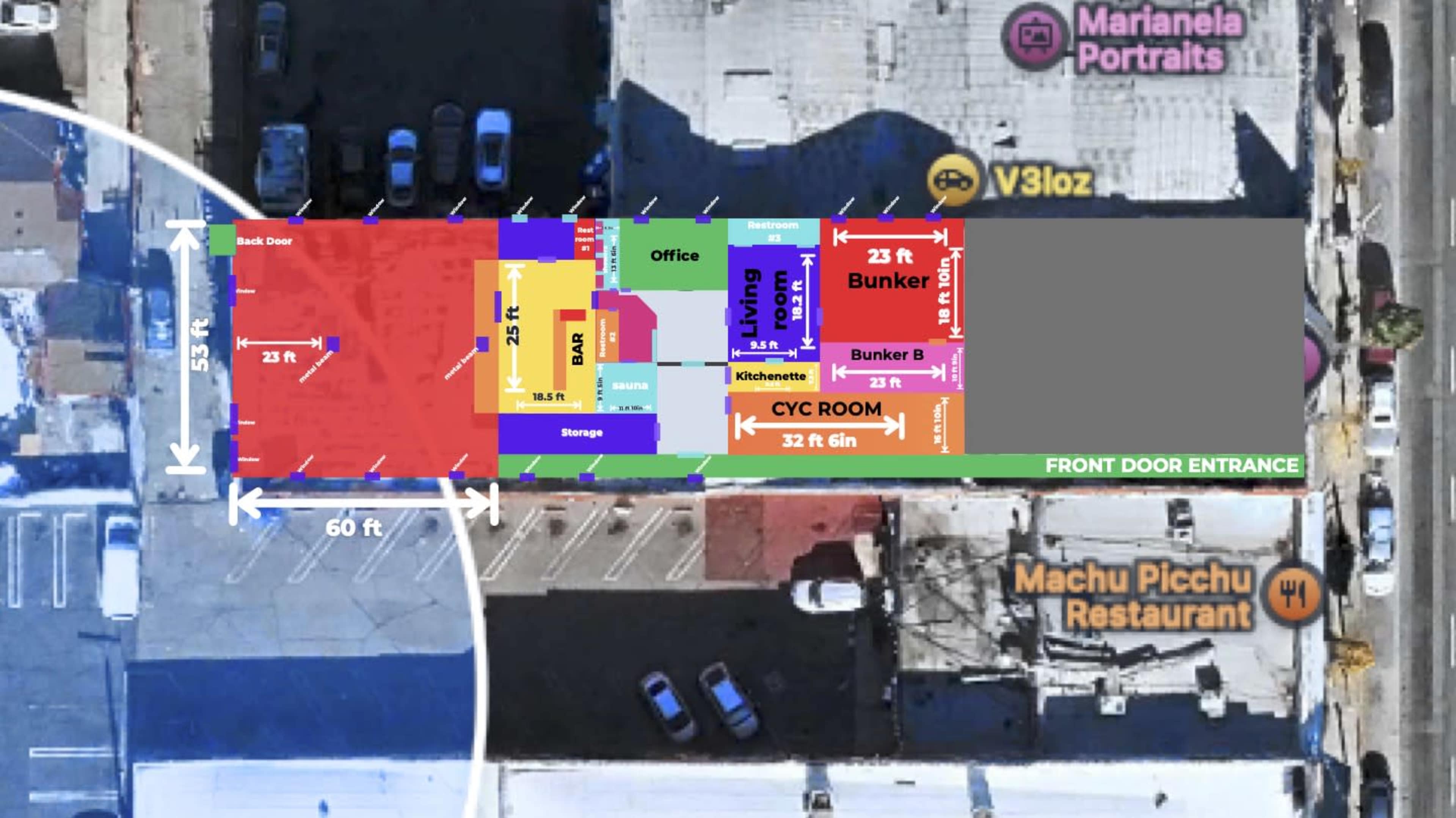 The image depicts a layout plan of a building with labeled rooms and designated measurements, including an entrance at the front and various utility areas.