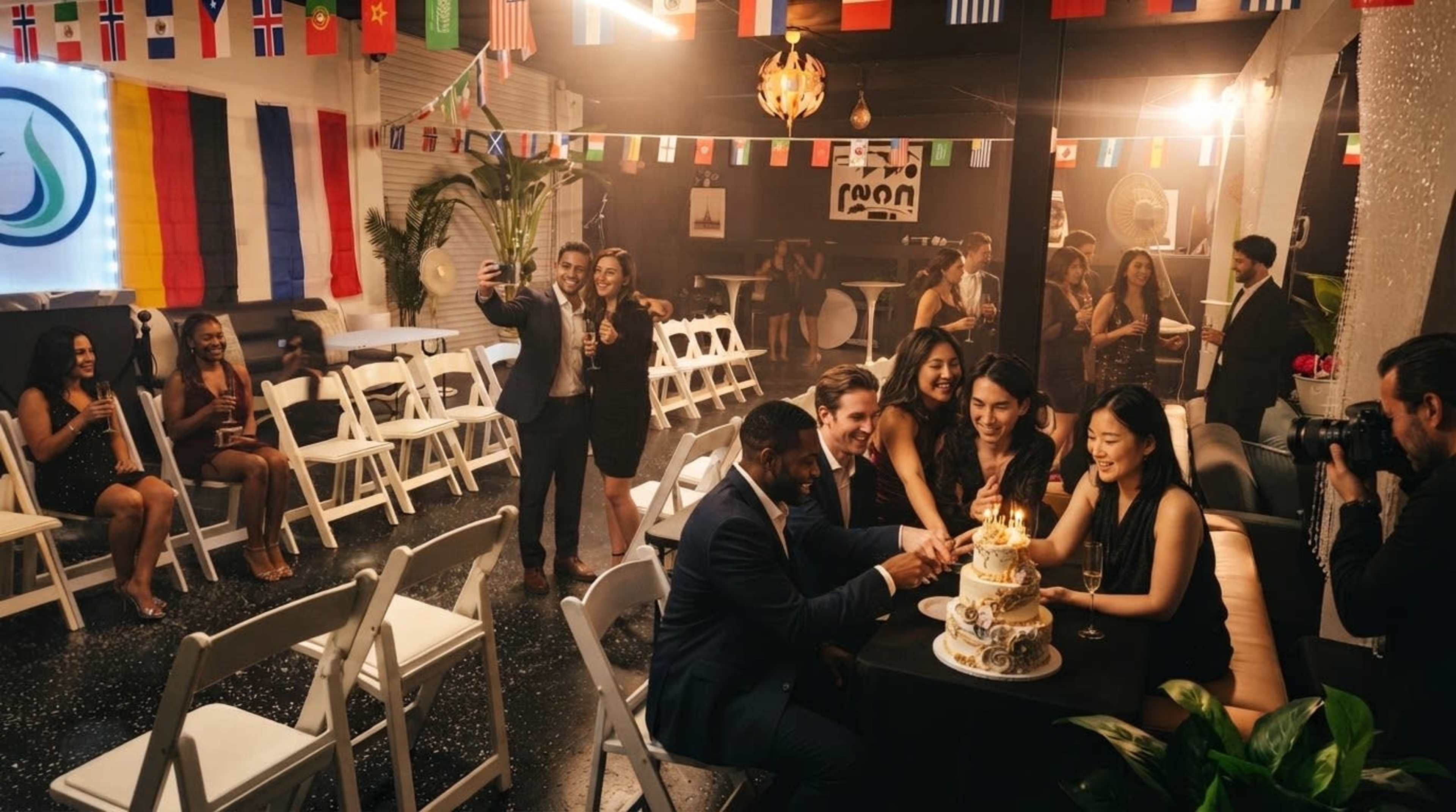 A group of elegantly dressed people is celebrating around a cake at a venue adorned with international flags, while one individual takes a selfie.