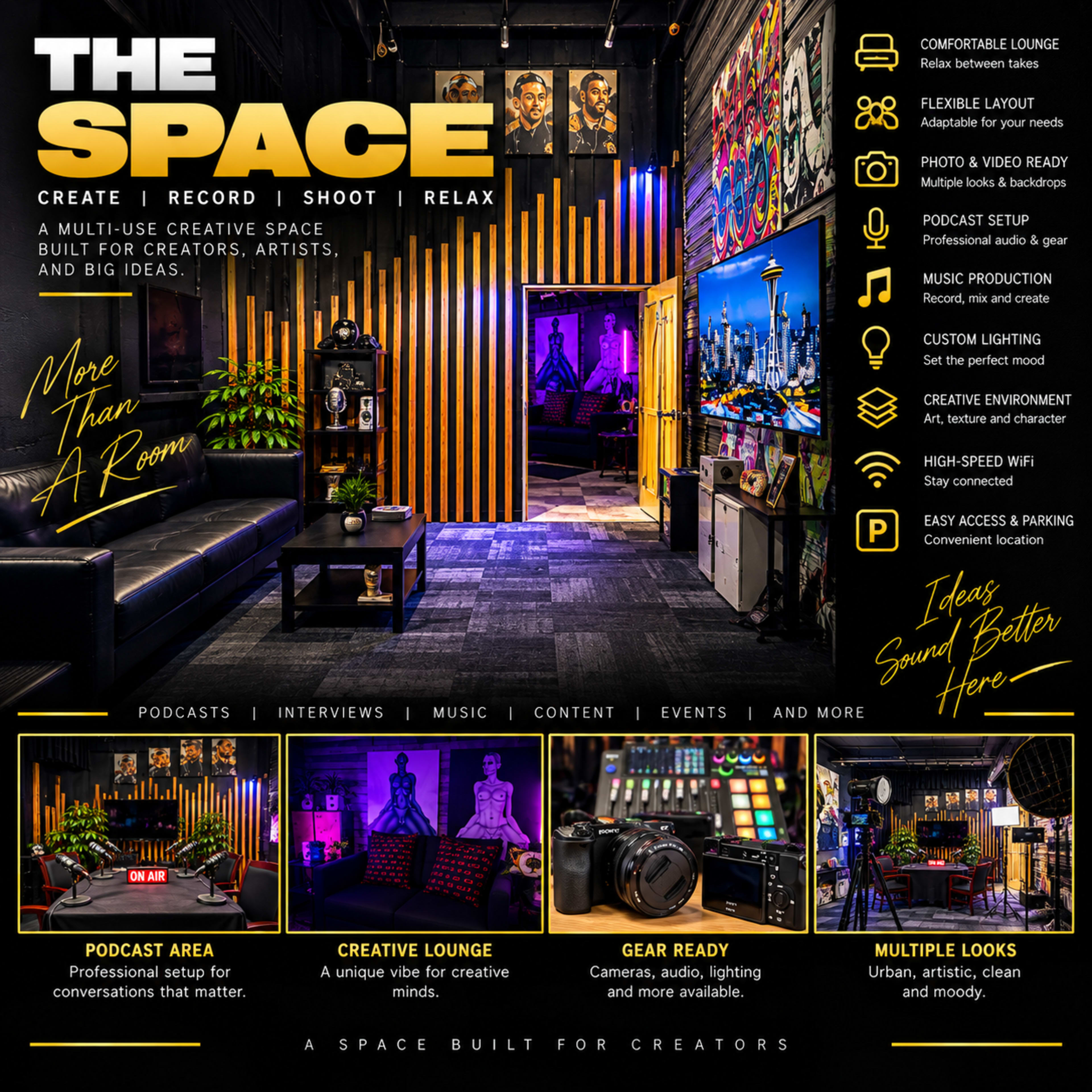 The image showcases a modern creative space designed for various activities such as podcasting, recording, and meeting, featuring distinct areas with contemporary decor and vibrant lighting.