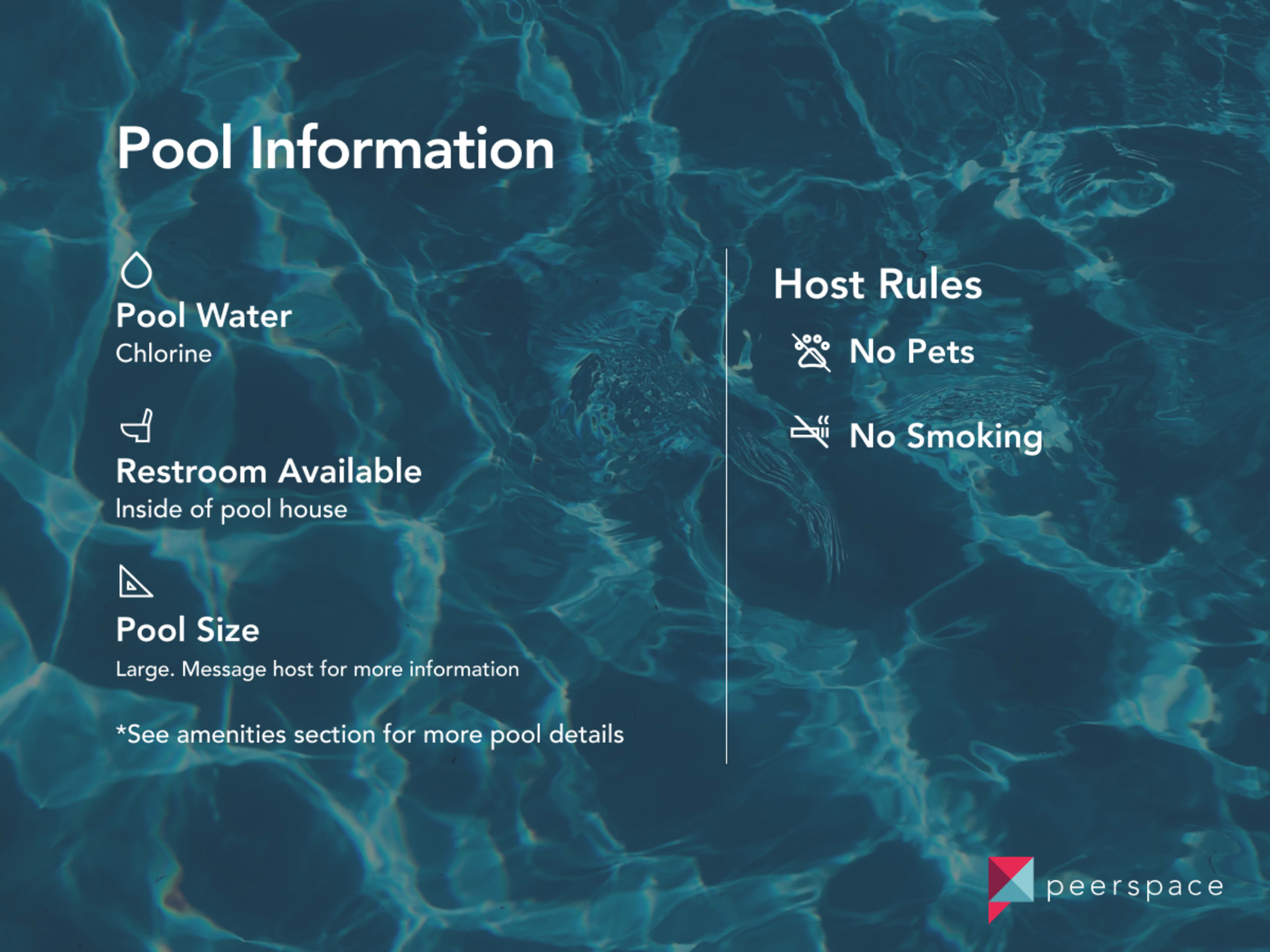 Information about a pool, detailing its water type, restroom availability, pool size, and host rules regarding pets and smoking.