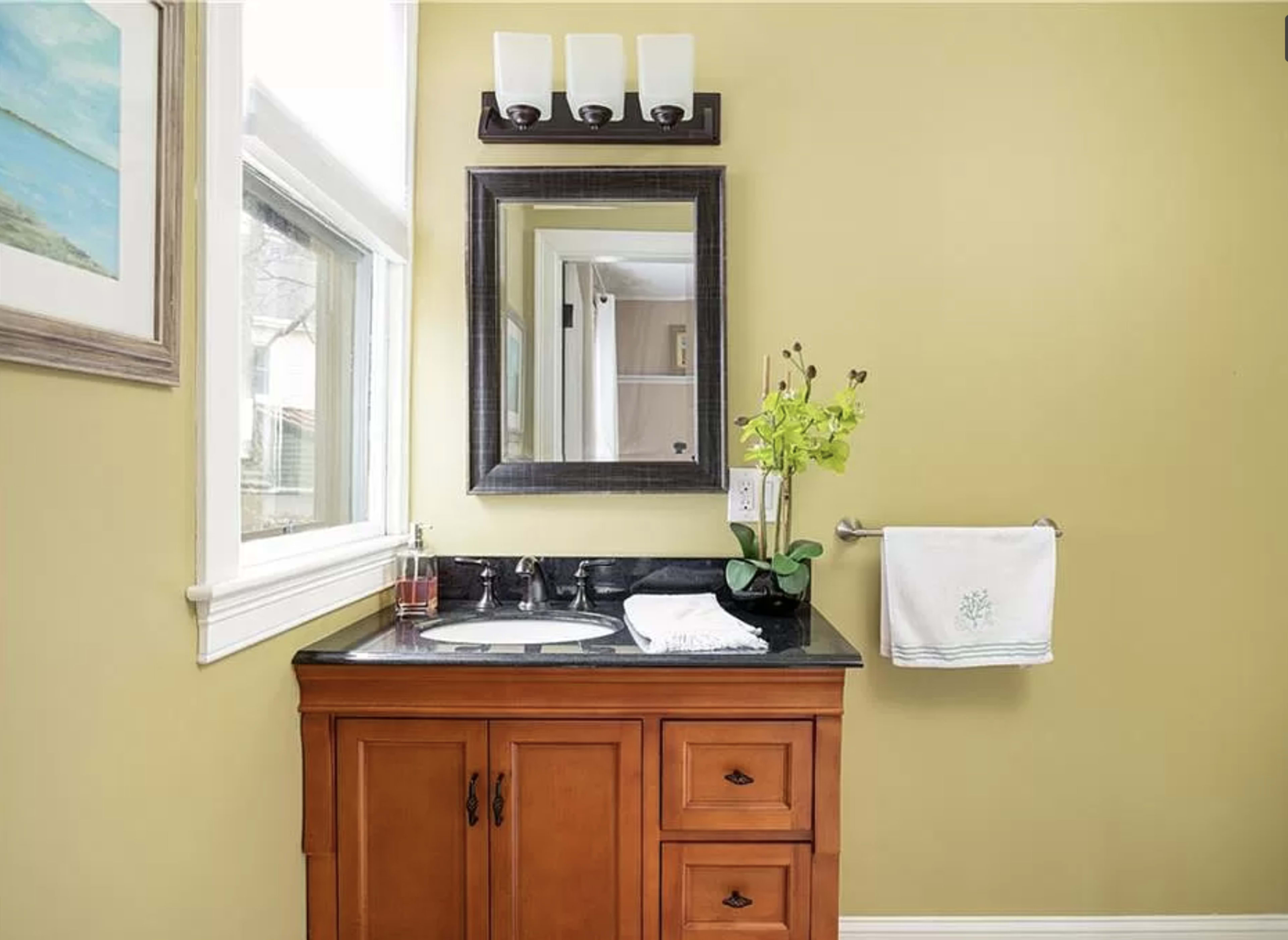 A bathroom features a wooden vanity with a double sink, a large mirror above, and a small potted plant beside decorative towels.