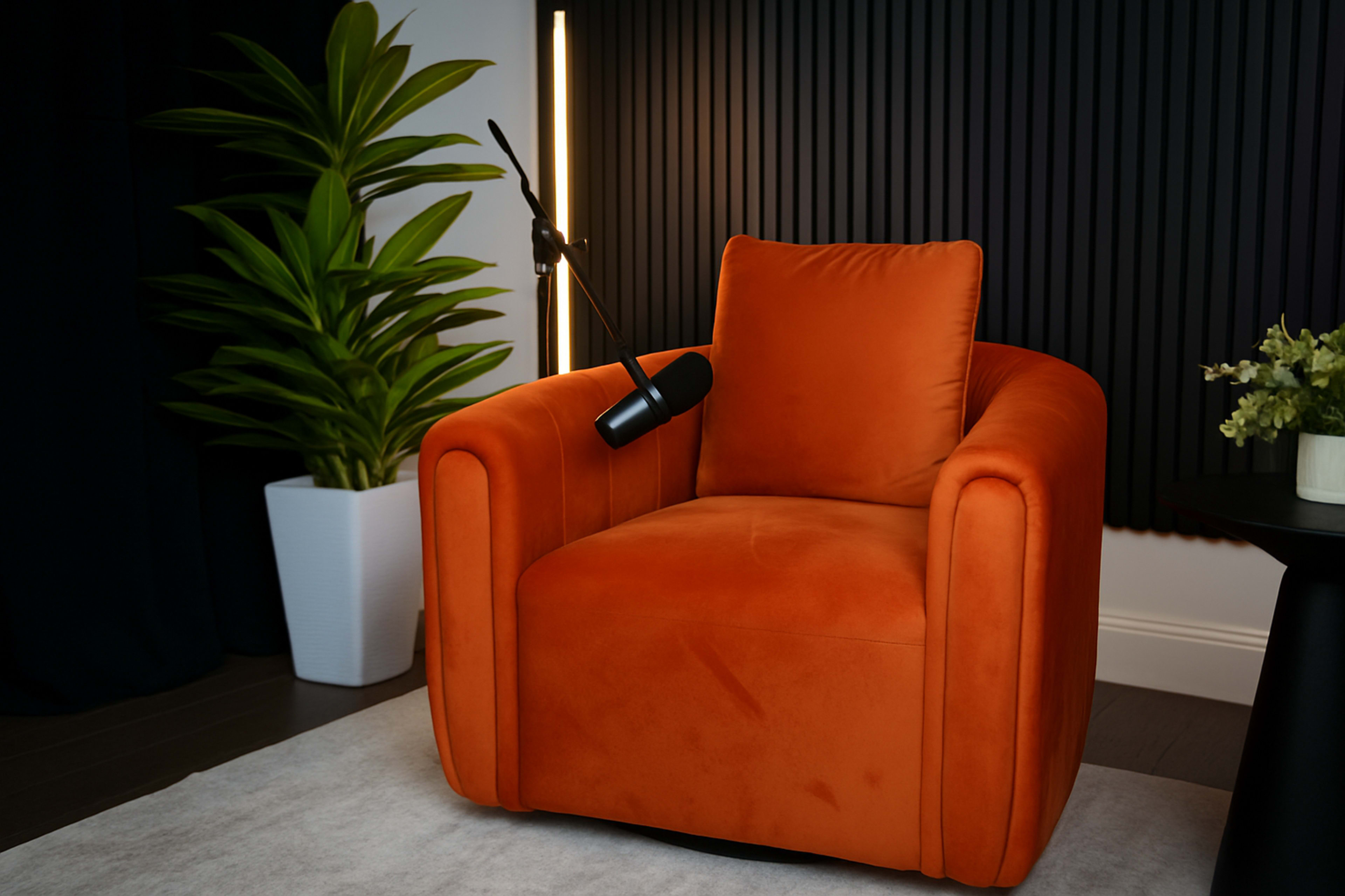 An orange armchair is positioned next to a potted plant and a microphone on a stand, with a textured black wall in the background.