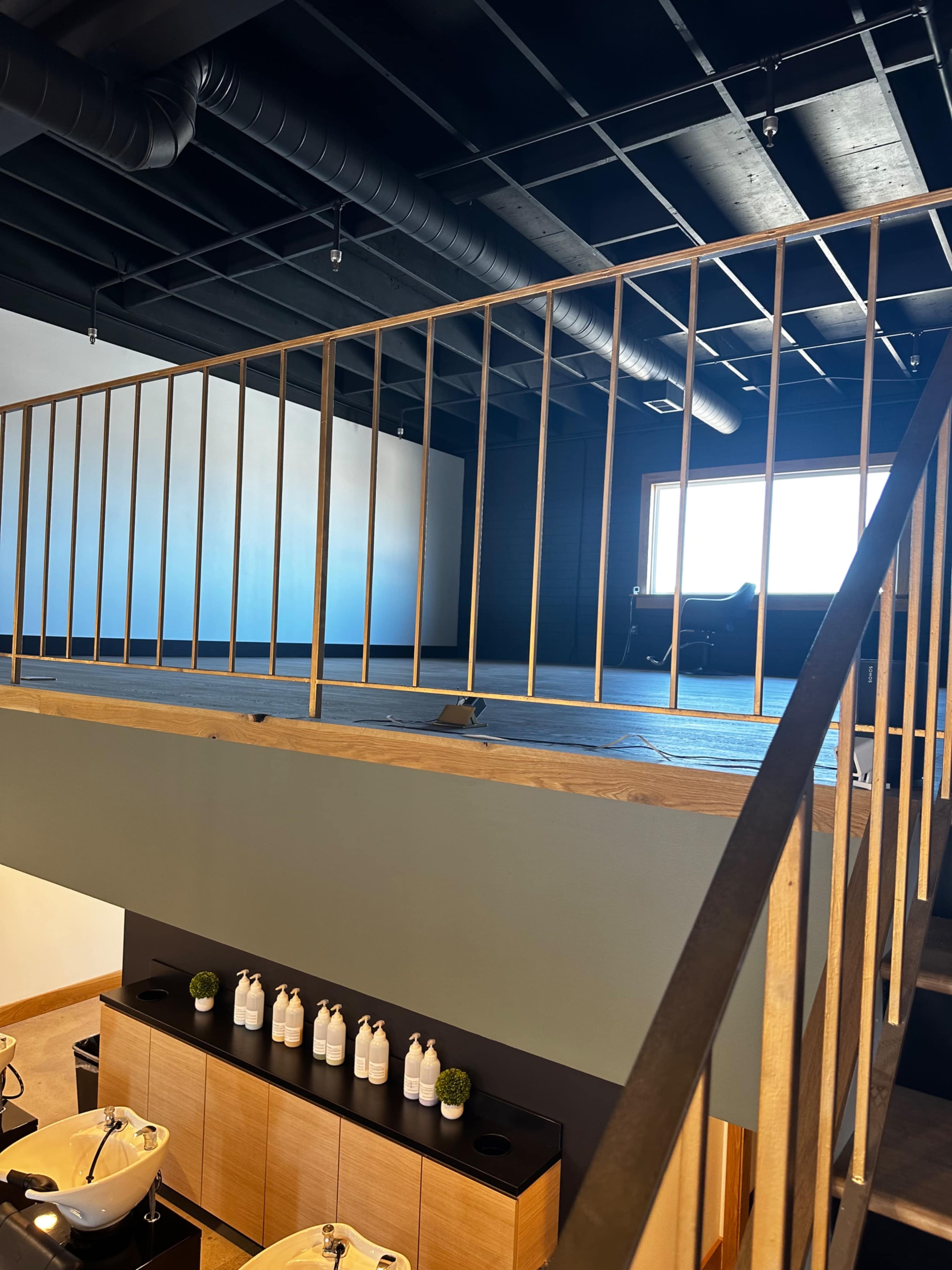 A view of an interior space featuring a wooden railing on an upper level, overlooking a lower area with sinks and decorative items.