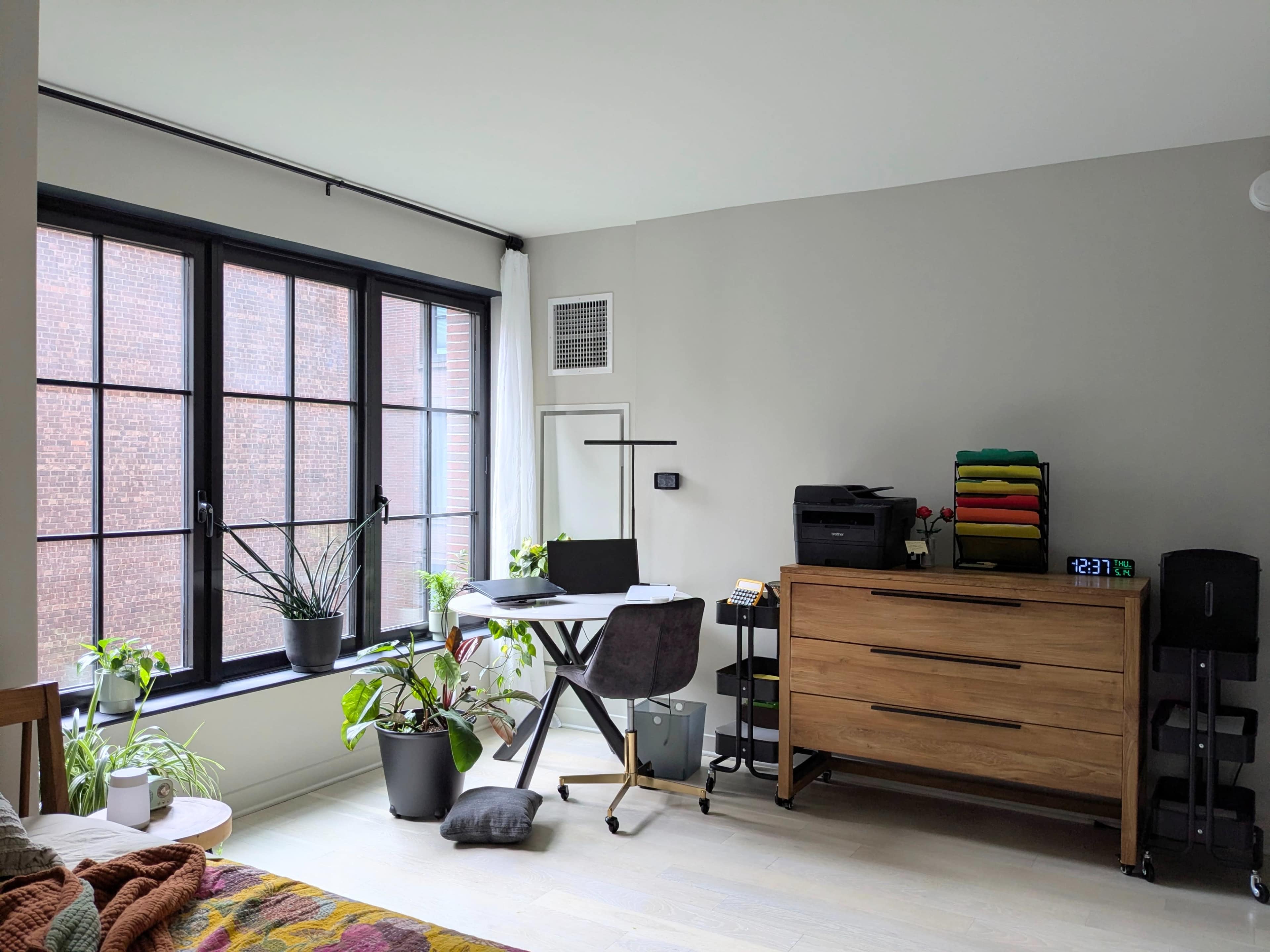 A well-lit room features a desk with a computer and chair, a wooden dresser, various plants, and large windows.
