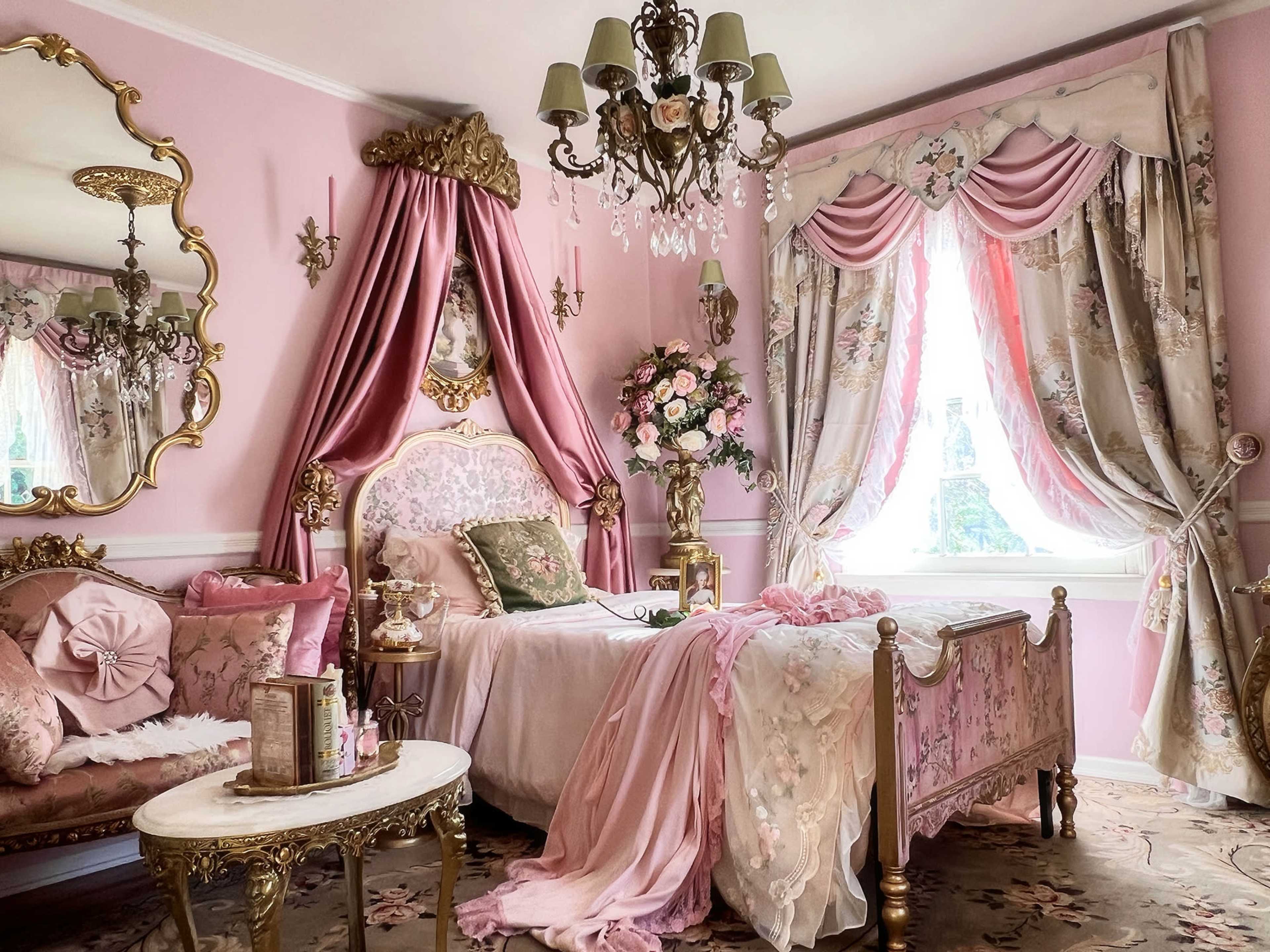 The image shows a pink-themed bedroom featuring an ornate bed with a canopy, floral-patterned drapes, and elegant furnishings.
