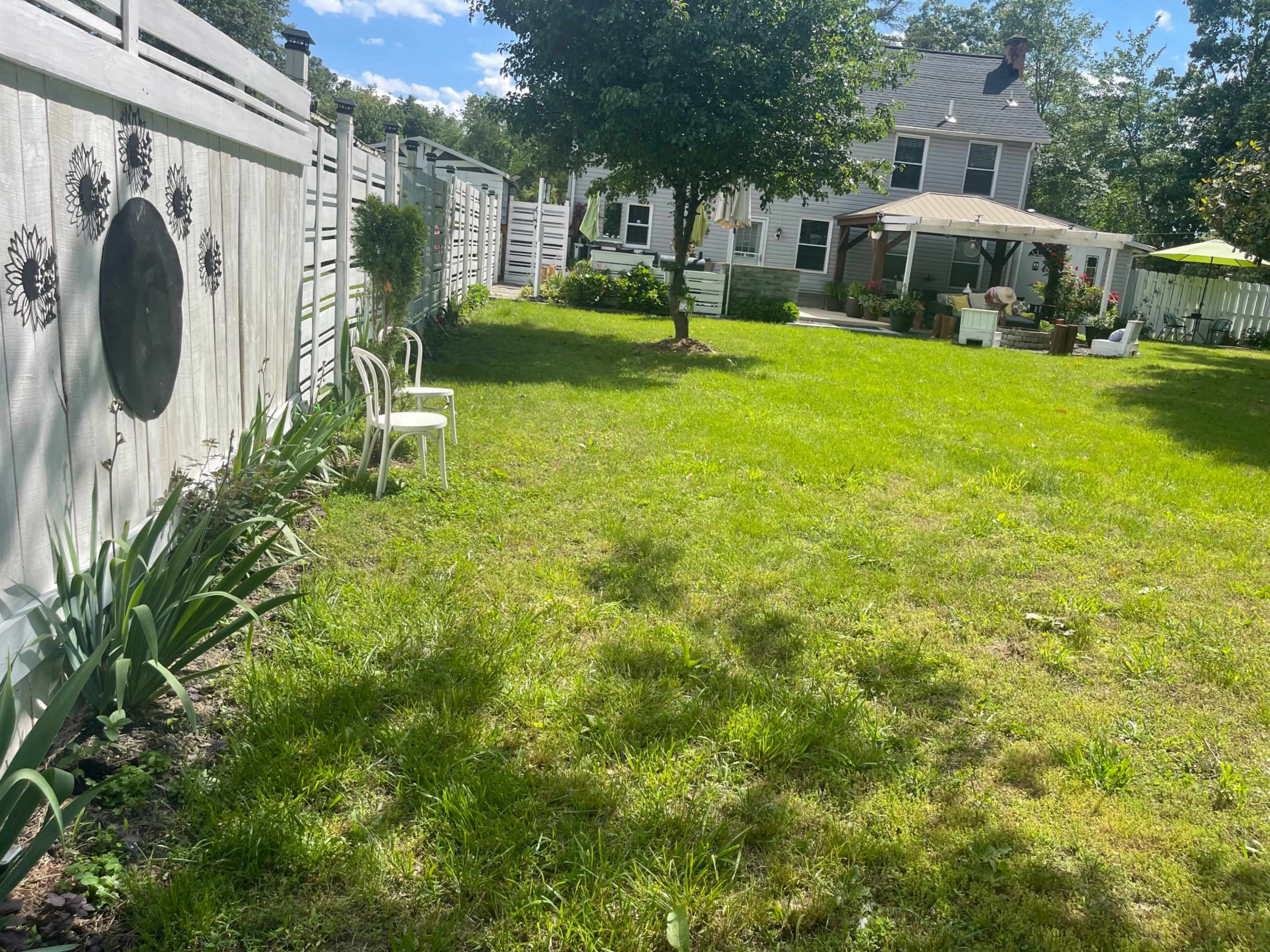 The image depicts a grassy backyard with a few white chairs, flower beds along the fence, and a house with a patio in the background.