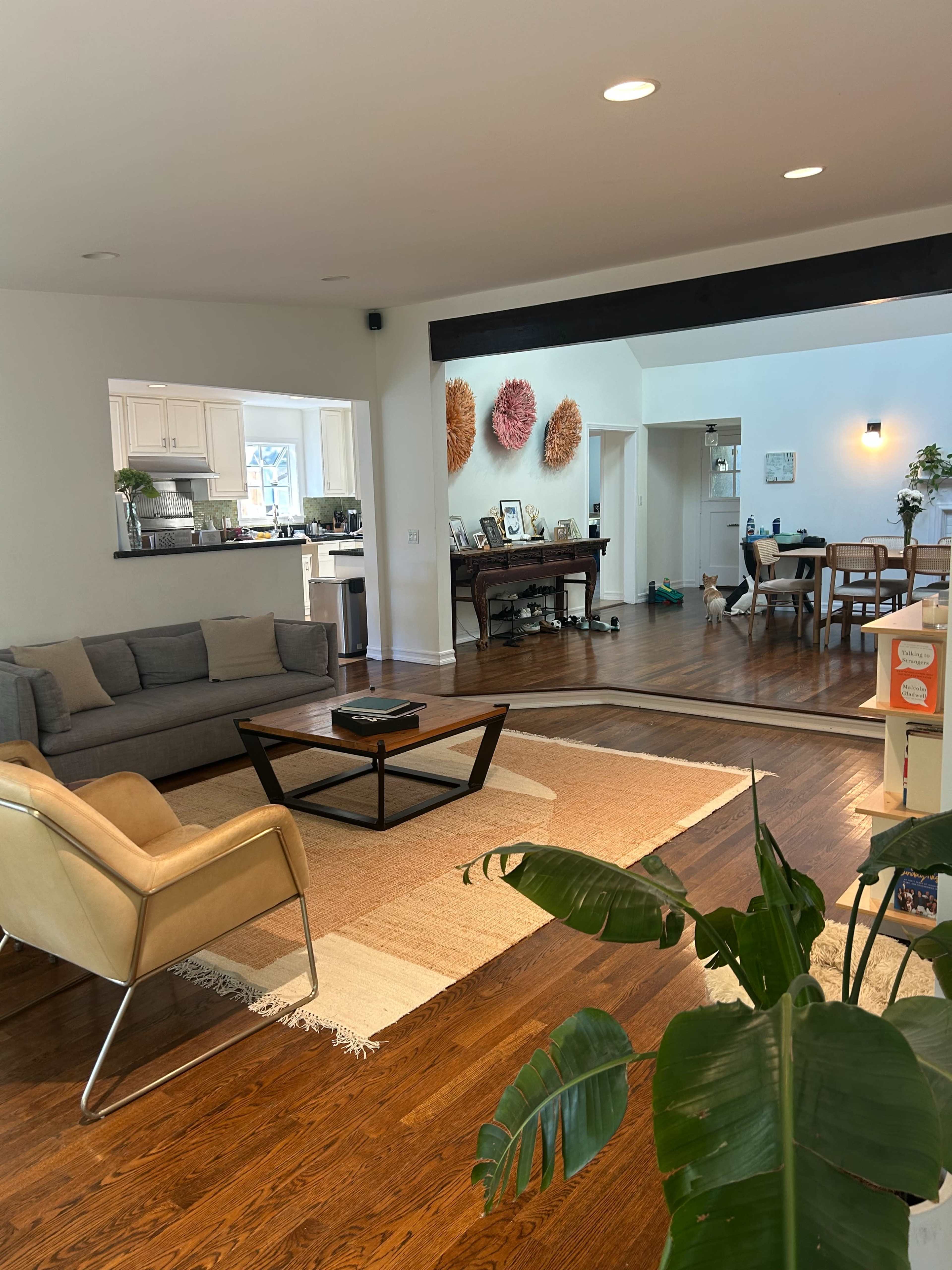 The image shows a modern, open-concept living space featuring a gray sofa, a glass coffee table on a beige rug, and a dining area in the background with a wooden table and chairs.