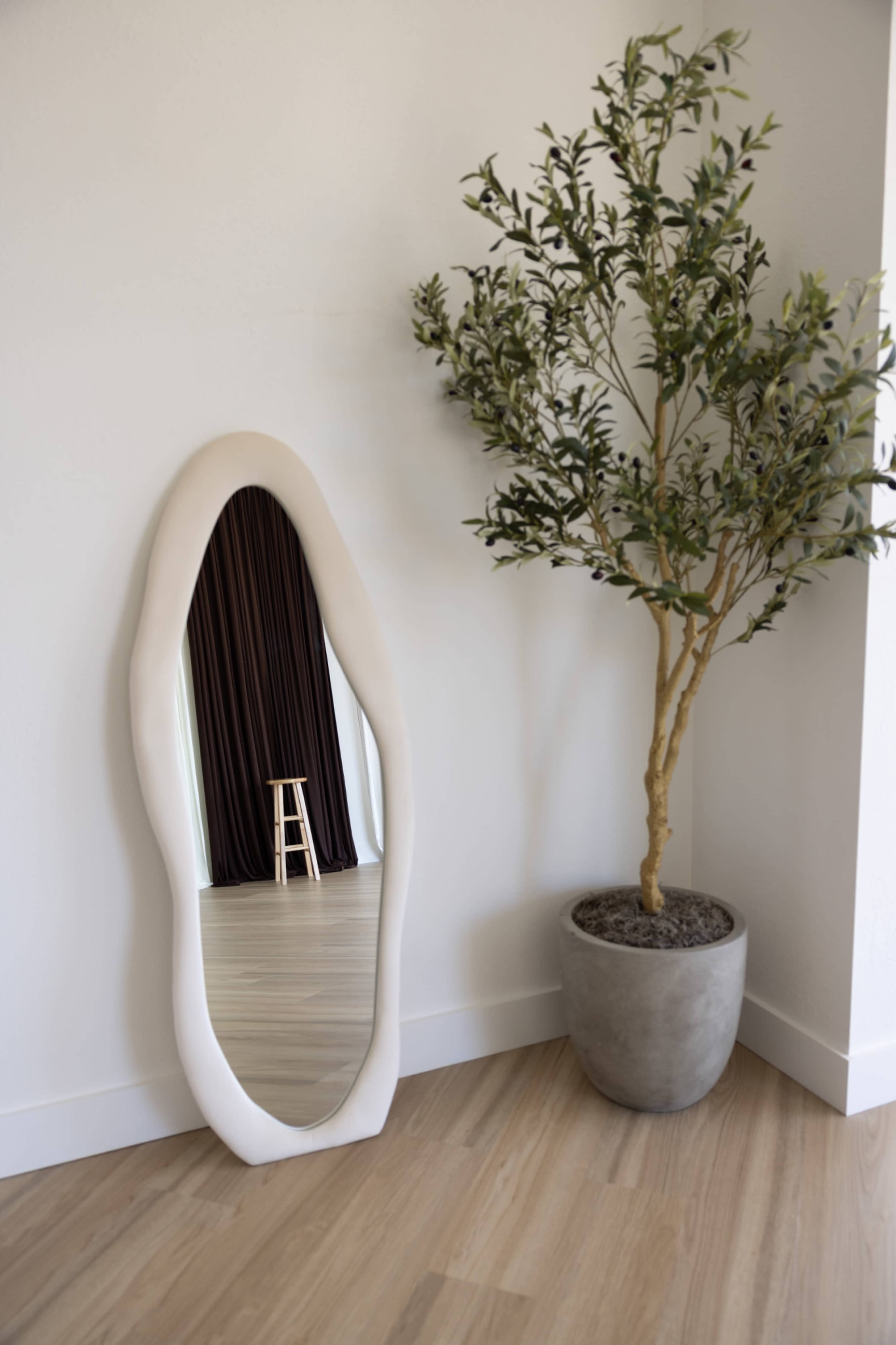 A large, organic-shaped mirror stands against a white wall next to a potted plant.