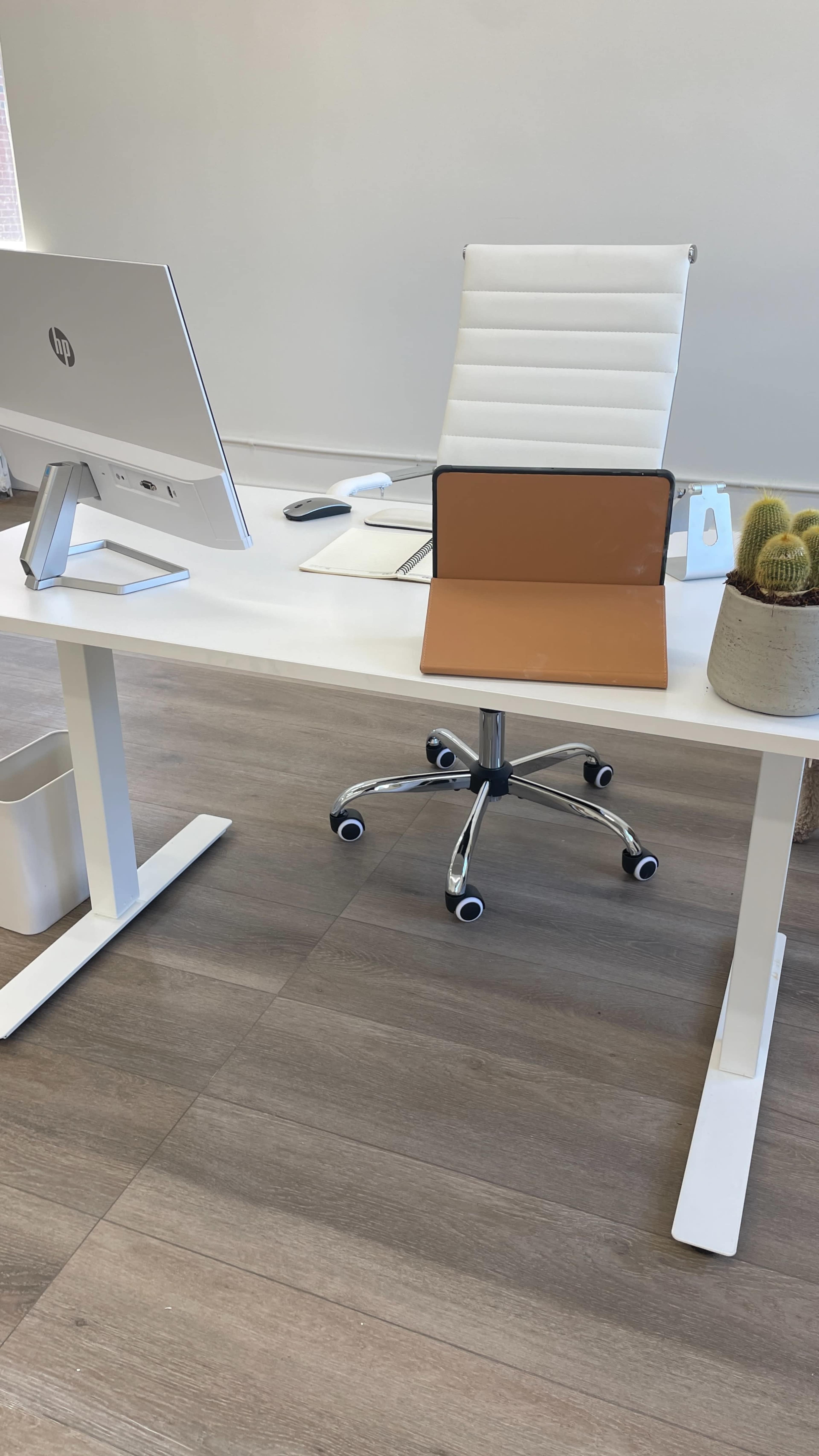 A tidy office workspace features a desk with a computer monitor, a laptop on a stand, a potted plant, and a rolling office chair.