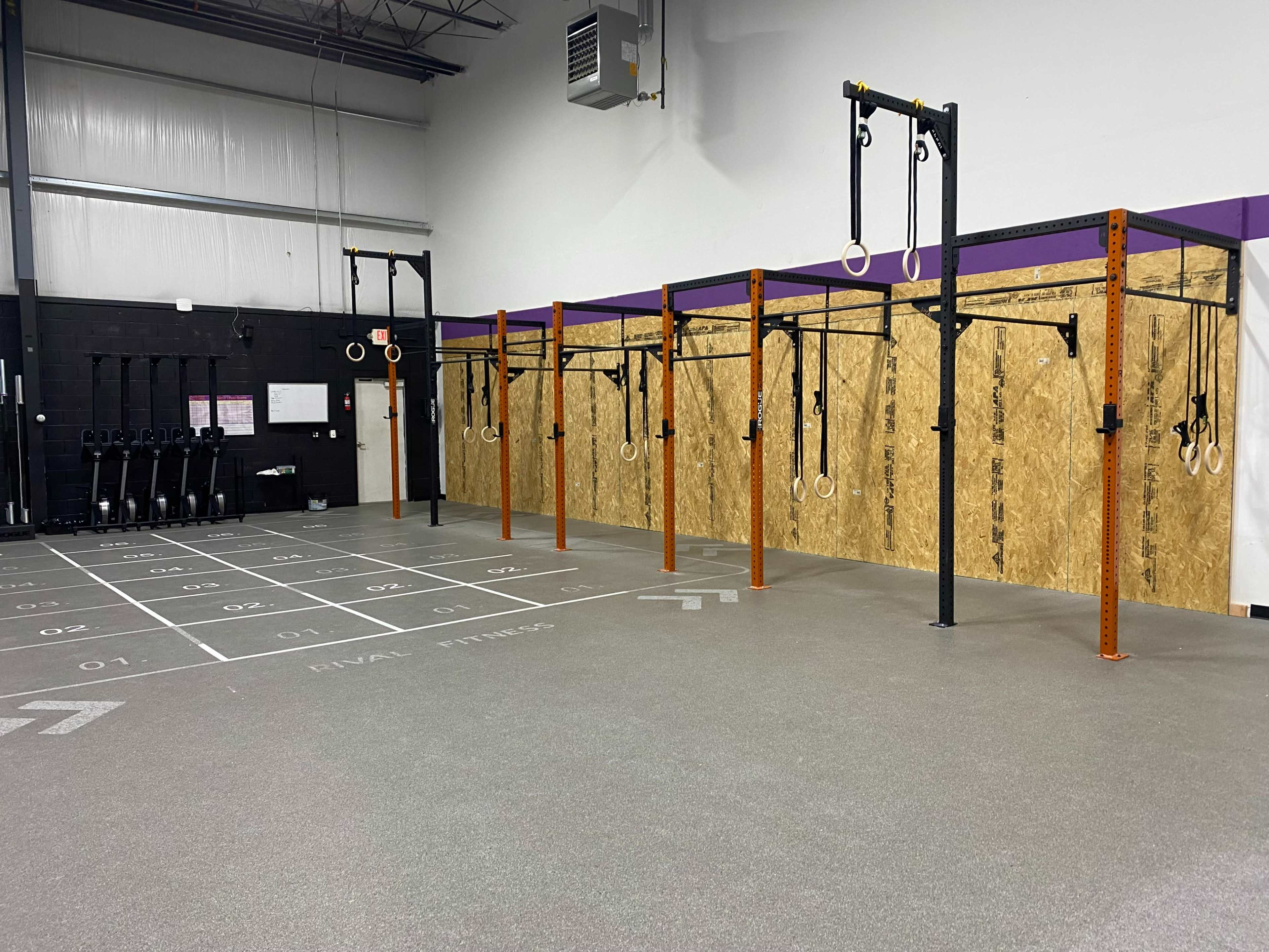 A gym interior equipped with several pull-up bars and hanging rings along a wooden wall, with a marked training area on the floor.